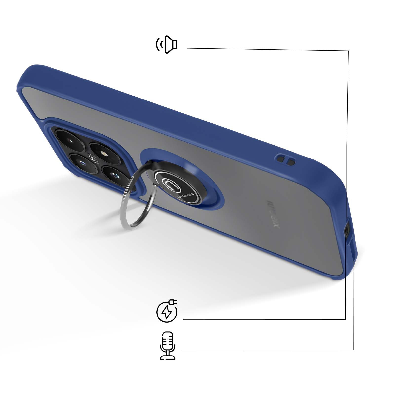 Un smartphone bleu avec dos transparent et support anneau.