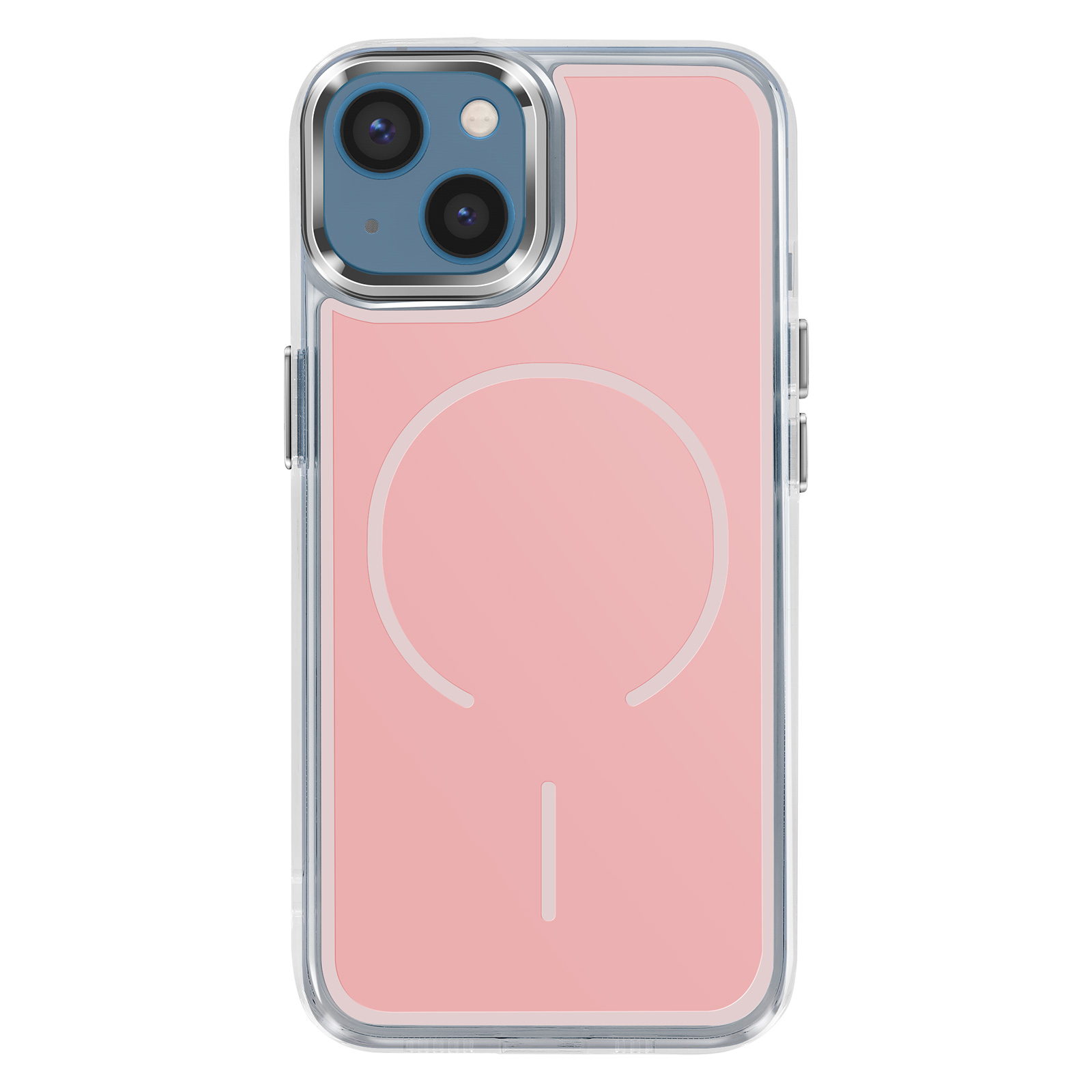 Ein rosa iPhone-Schutzhülle mit zwei Kameras und einem MagSafe-Kreis.