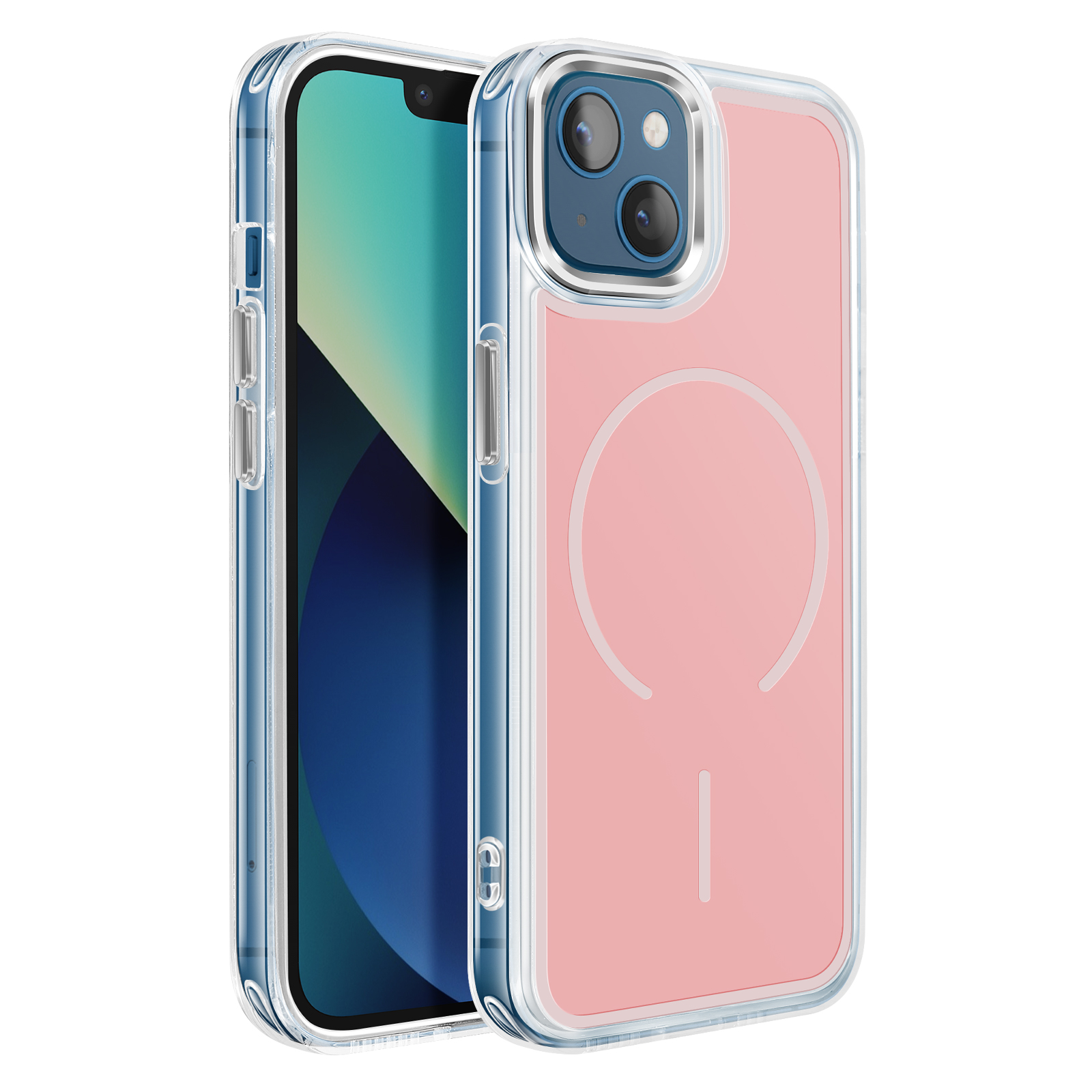 Ein pinkfarbenes Handy mit transparenter Hülle und zwei Kameras.
