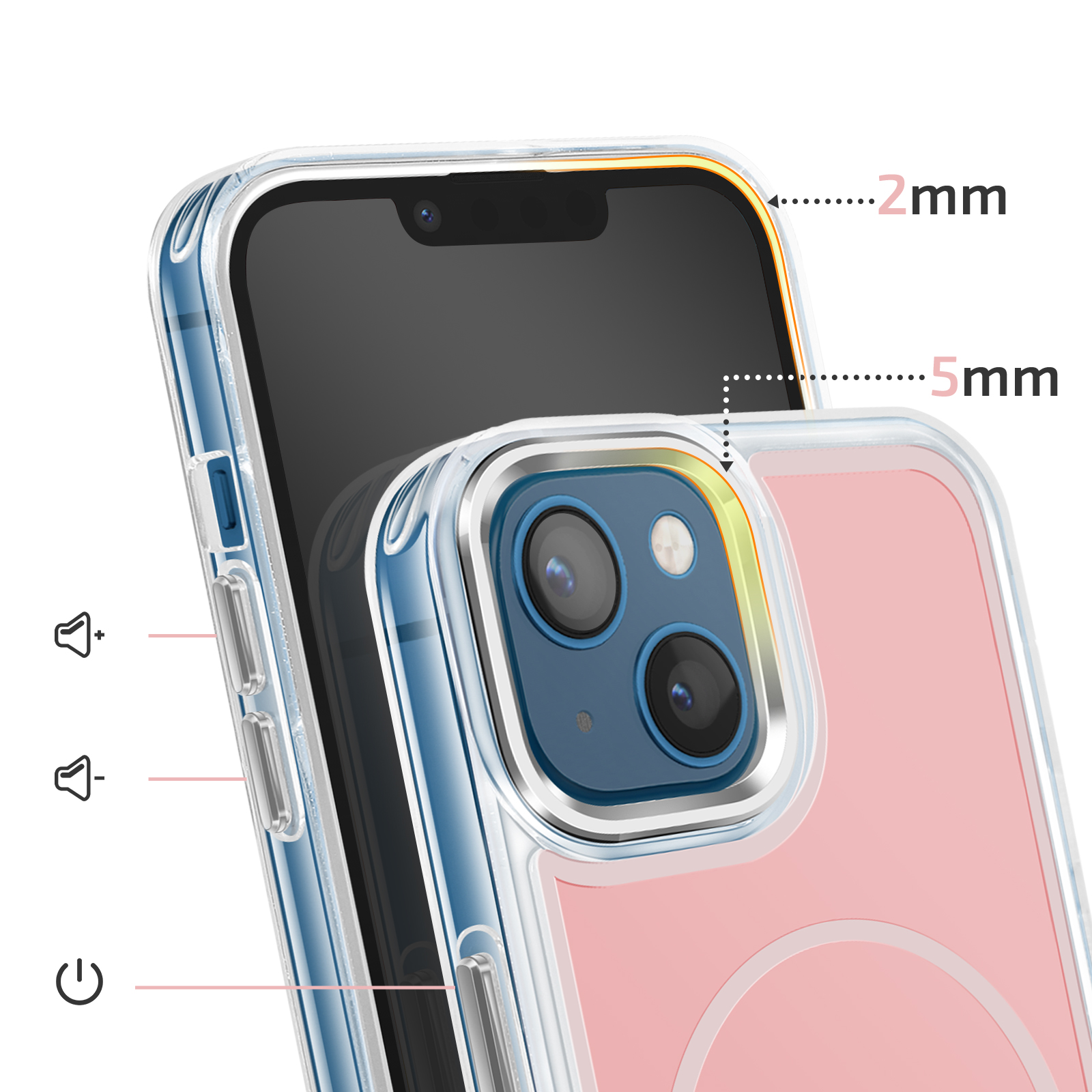 Ein transparentes Handyhülle mit rosa Rückseite, die eine Kamera zeigt.