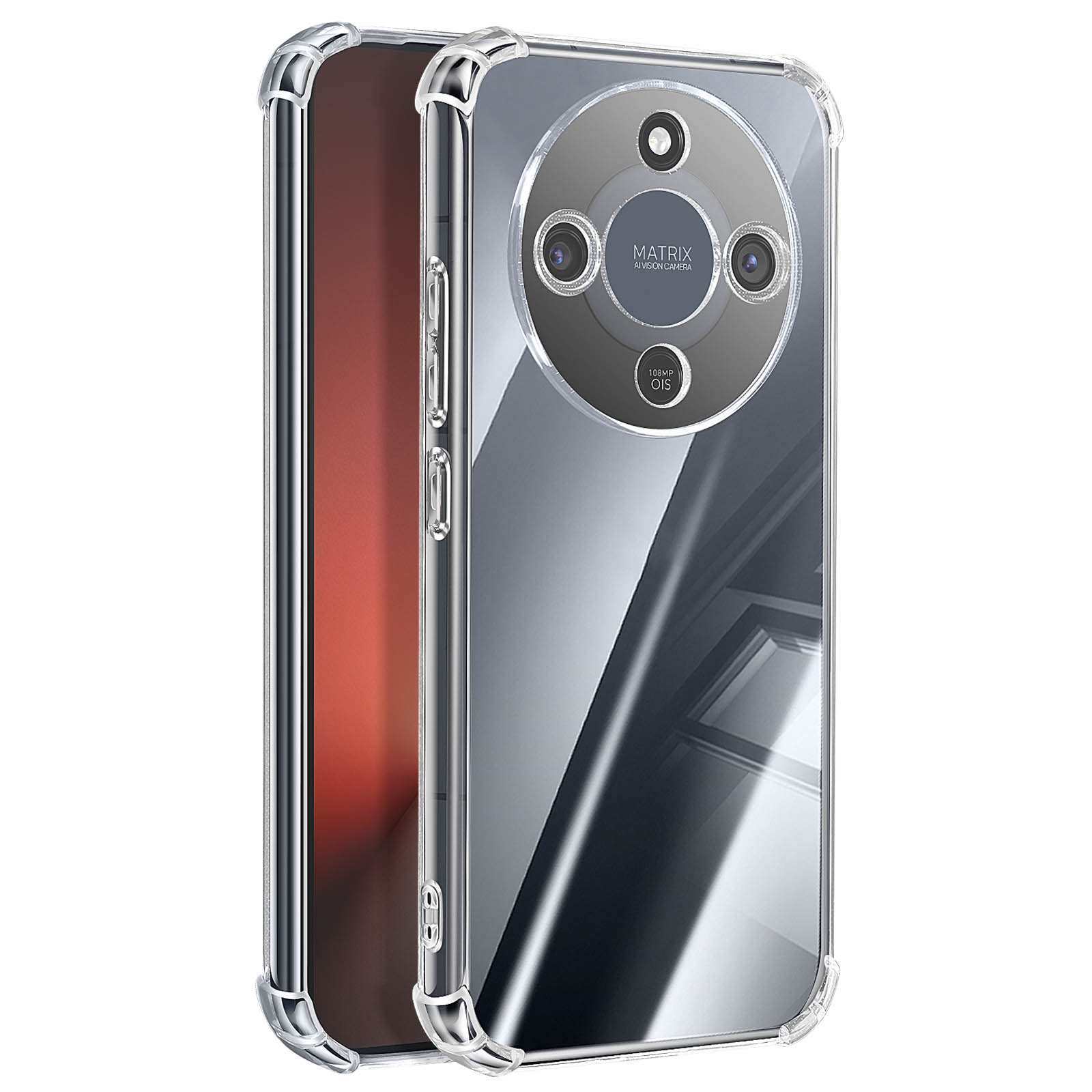 Una cover trasparente per telefono con sistema a tripla fotocamera e angoli rinforzati.