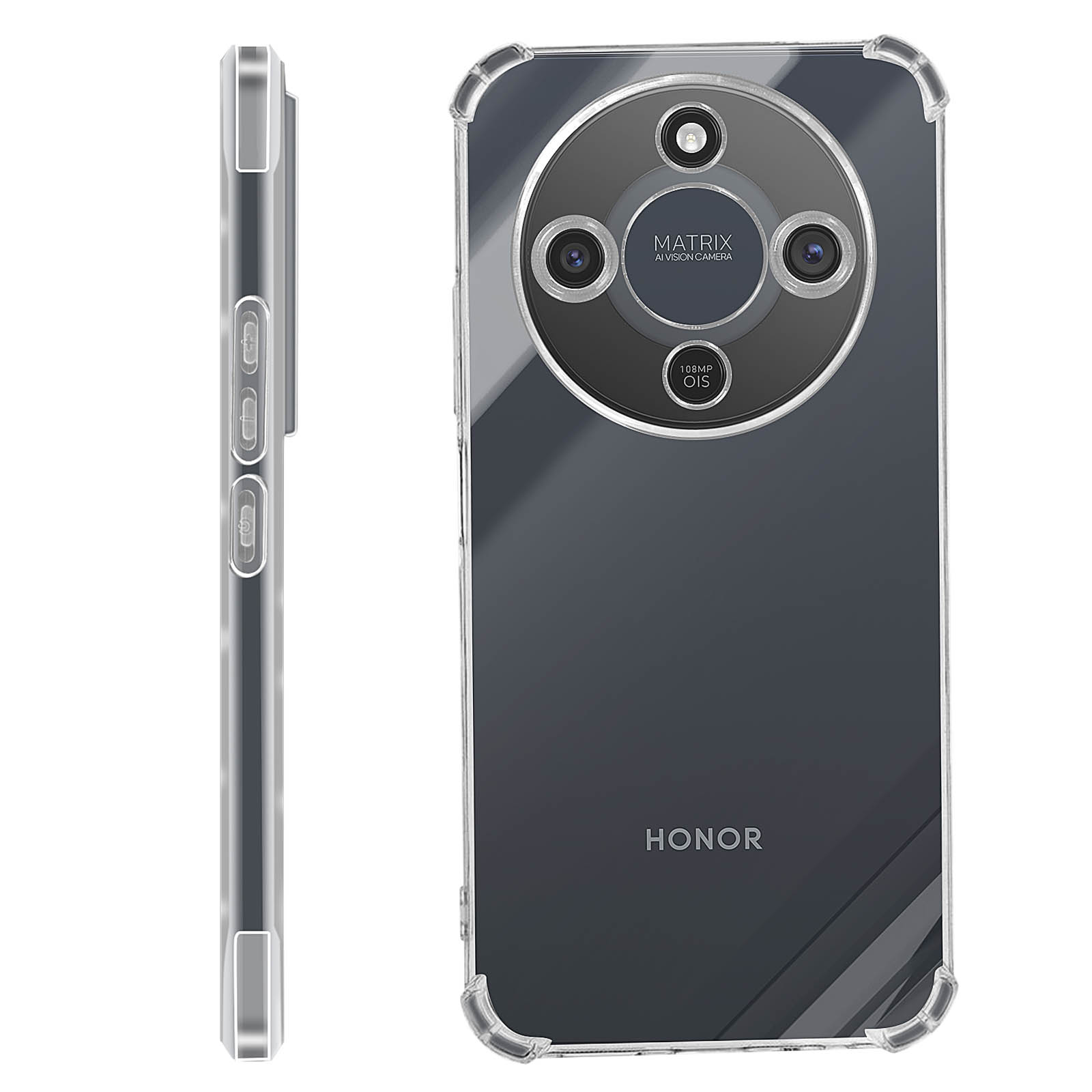 Custodia trasparente per telefono con array fotocamera posteriore e logo HONOR.