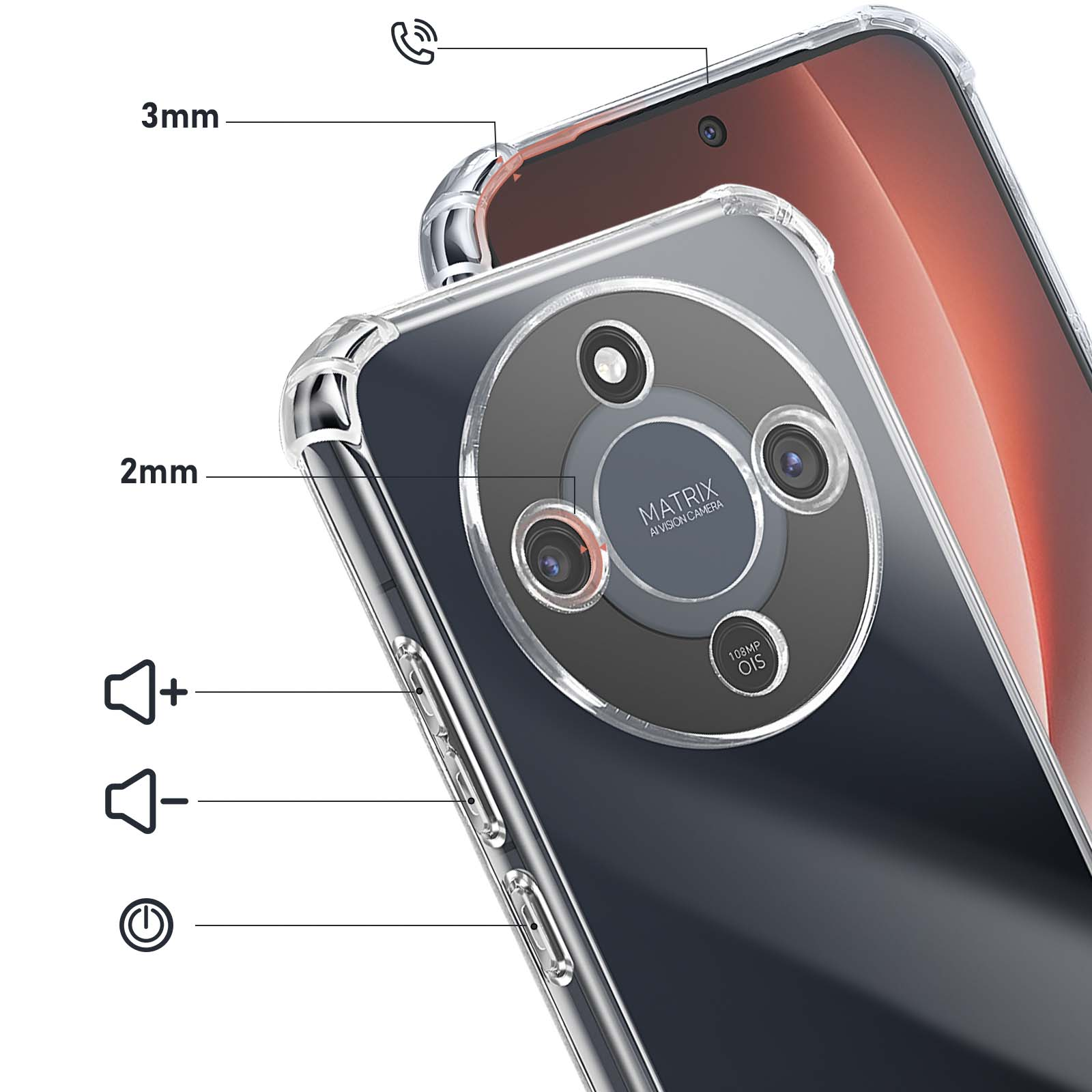 Custodia trasparente che mostra i dettagli della fotocamera dello smartphone, 3mm e 2mm.