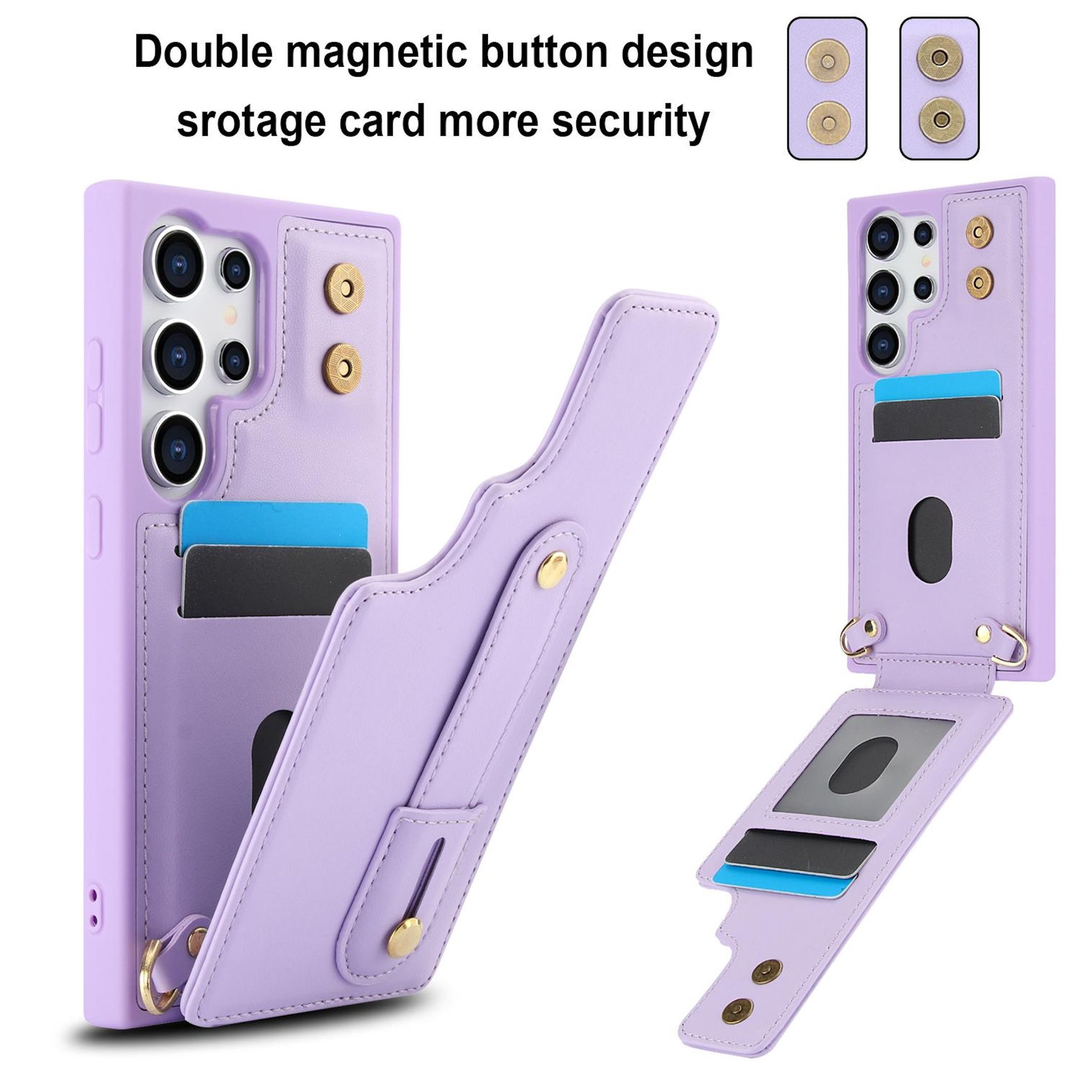 Funda morada para teléfono con ranuras para tarjetas y cierre magnético.