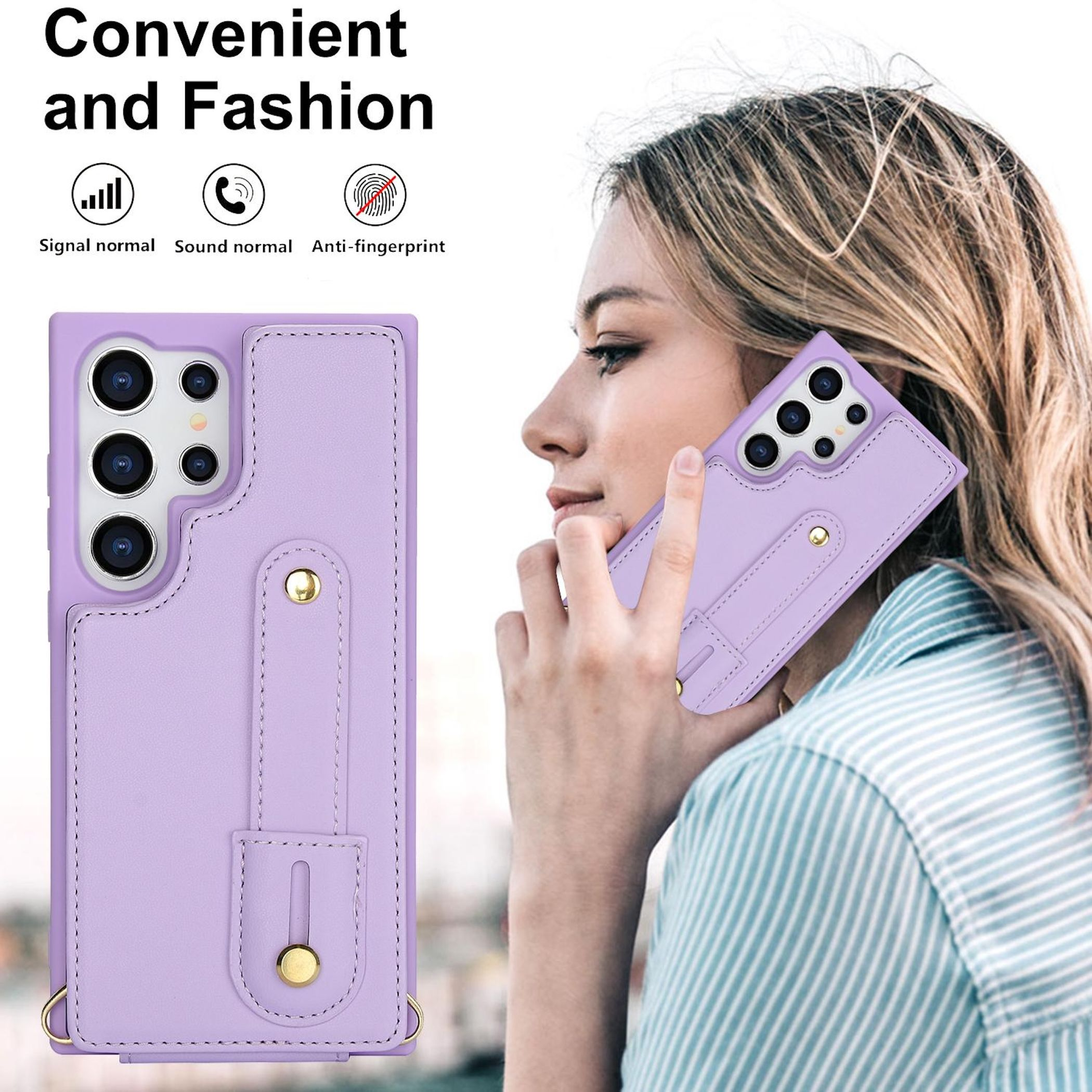 Una mujer rubia sostiene una funda de teléfono morada con tarjetero.