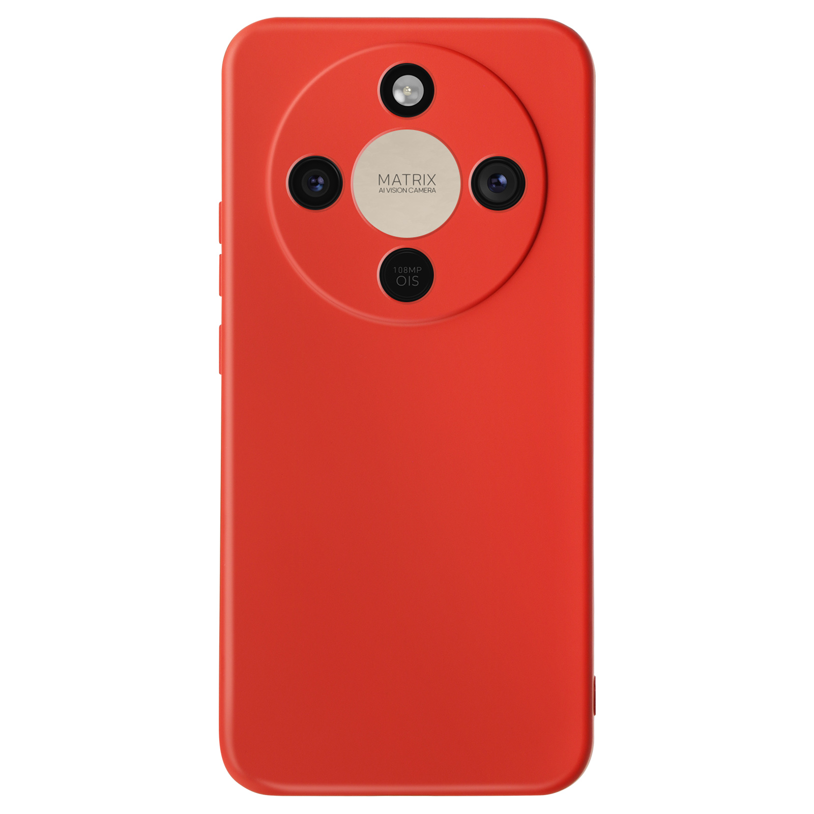 Smartphone rouge avec module caméra circulaire et trois objectifs.