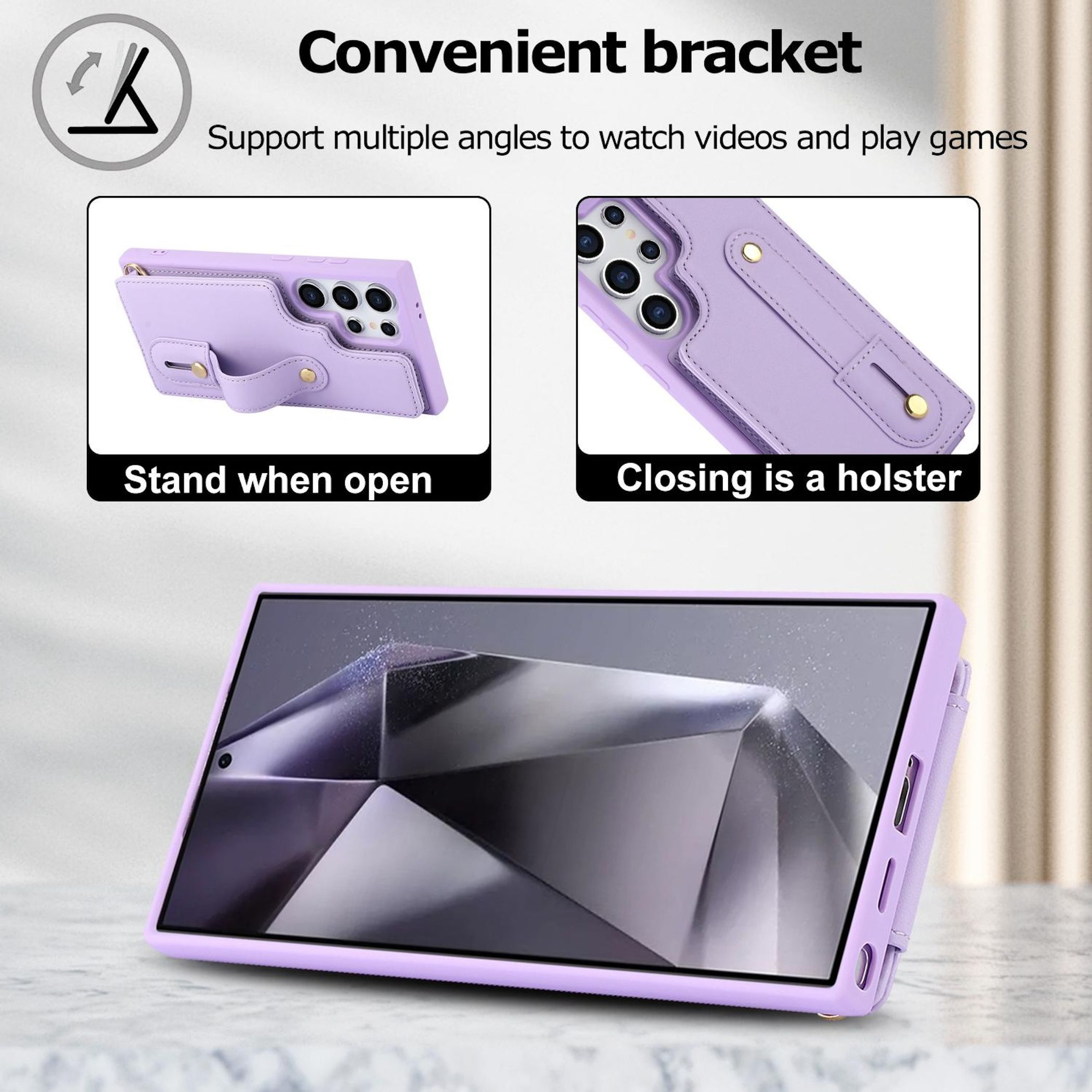 Funda morada para teléfono con soporte para ver vídeos y jugar.