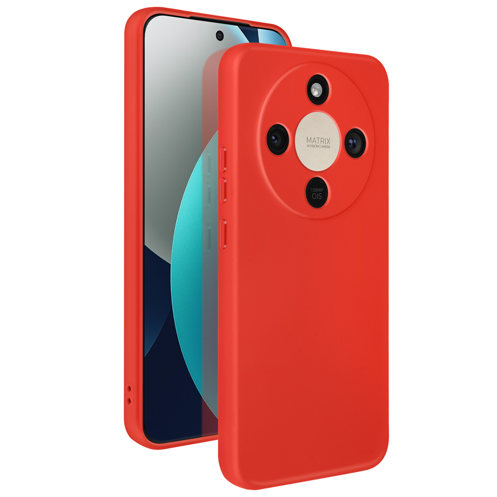 Smartphone rouge avec quatre caméras et inscription 'Matrix'.