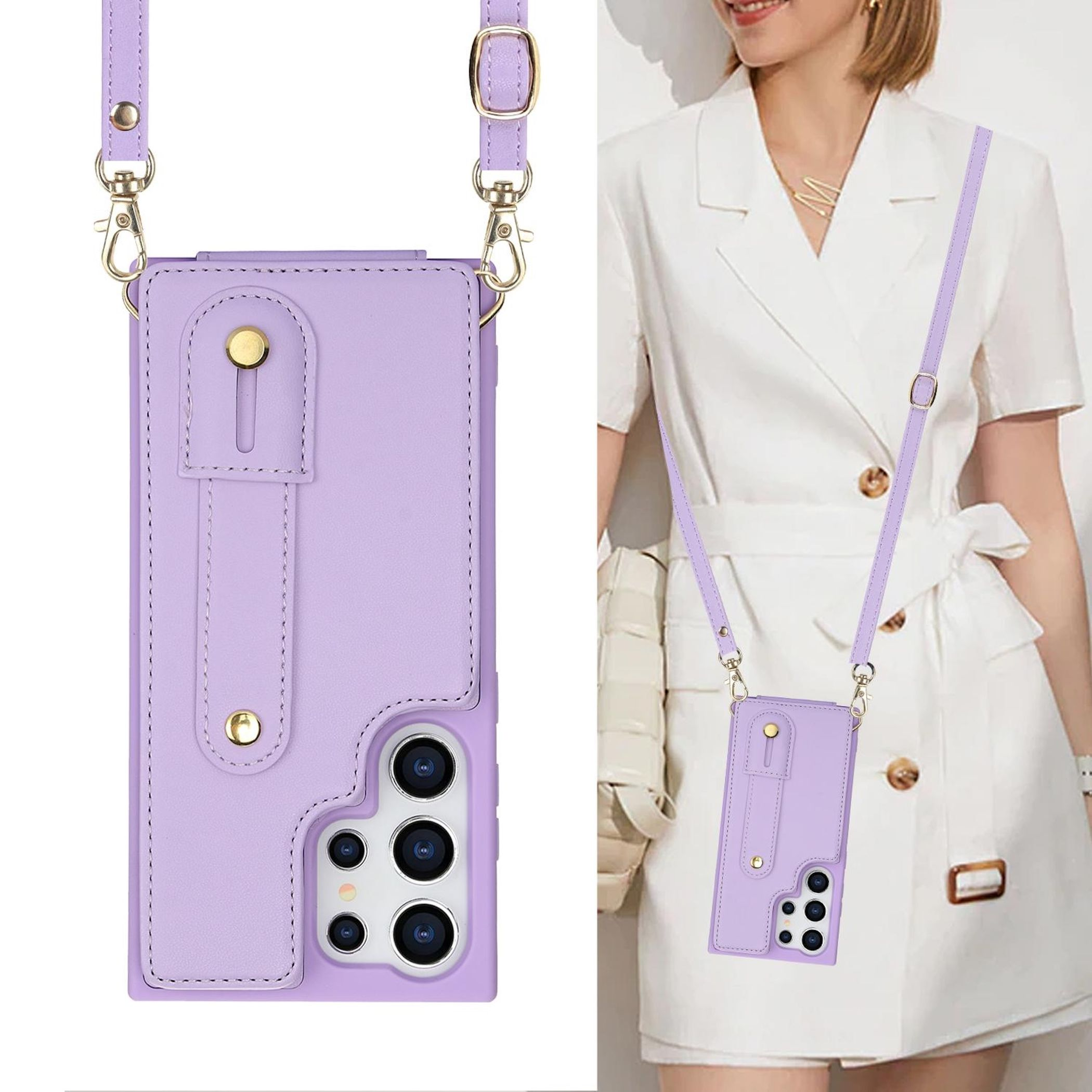 Funda de teléfono lavanda con correa, usada con un vestido blanco.