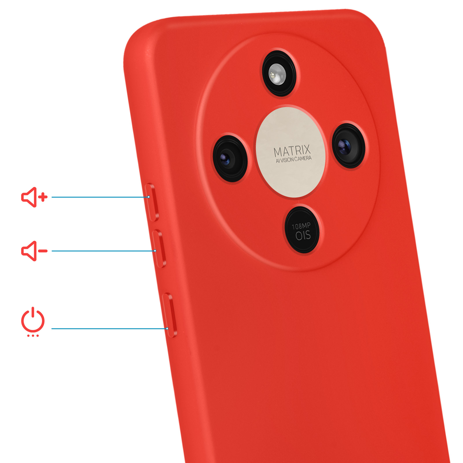Téléphone rouge avec caméra Matrix et boutons volume/alimentation.