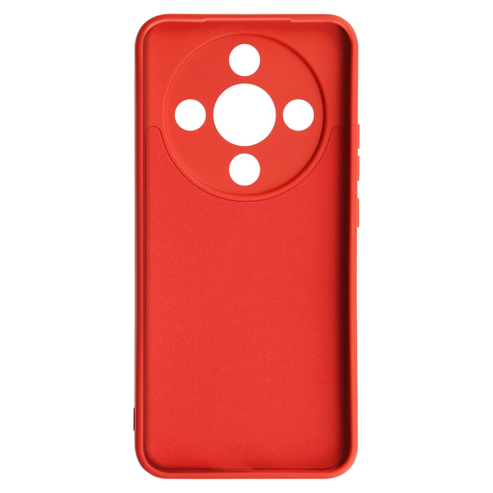 Coque de téléphone rouge avec découpe circulaire pour appareil photo en haut.