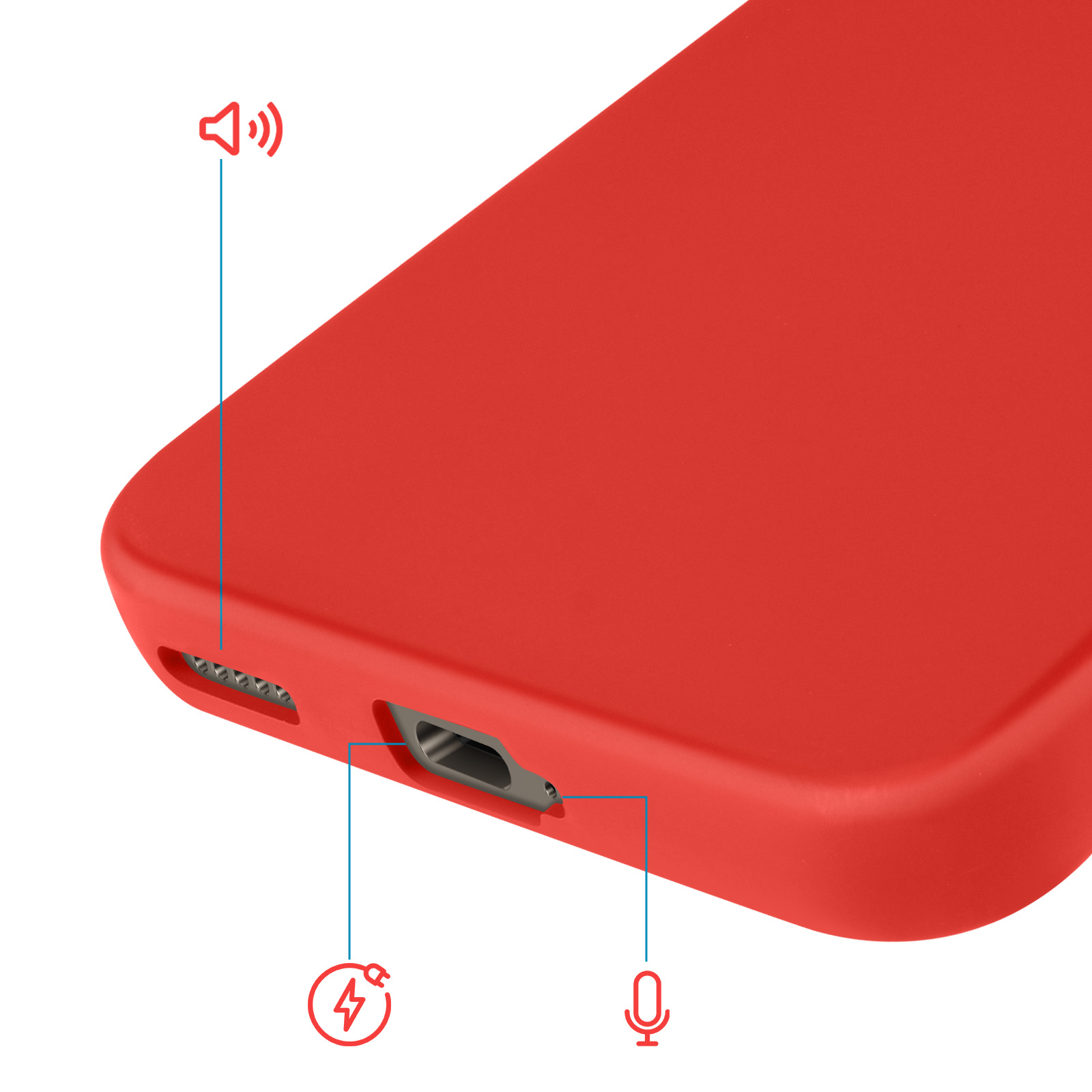 Coque de téléphone rouge avec icônes de charge, microphone et haut-parleur.