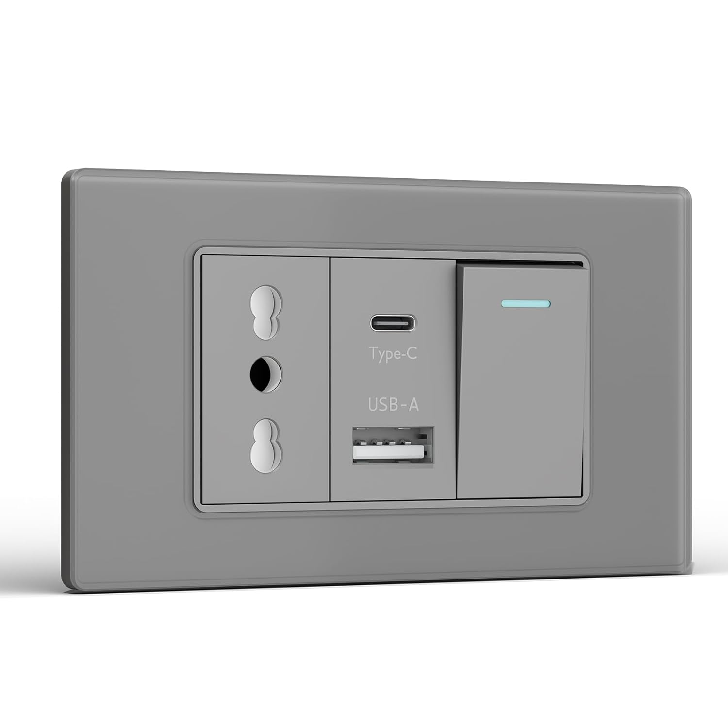 Placca grigia con presa universale, porte Type-C, USB-A e interruttore.