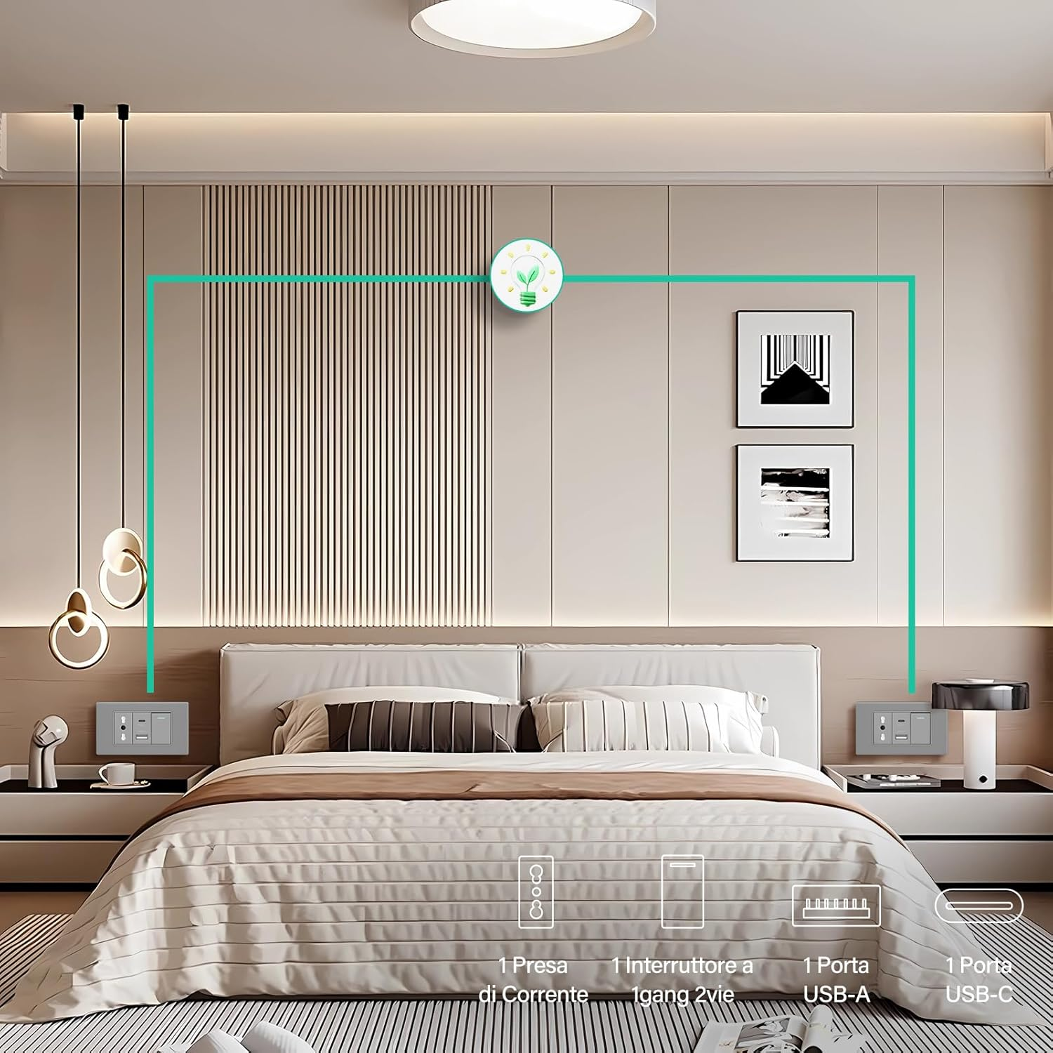 Camera da letto moderna con prese, porte USB e illuminazione.