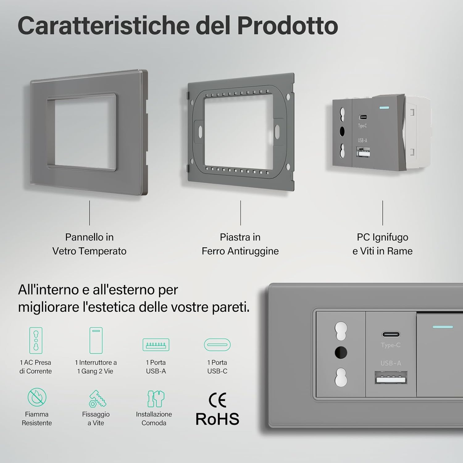 Caratteristiche prodotto: pannello vetro, piastra metallo, presa PC USB-A/C