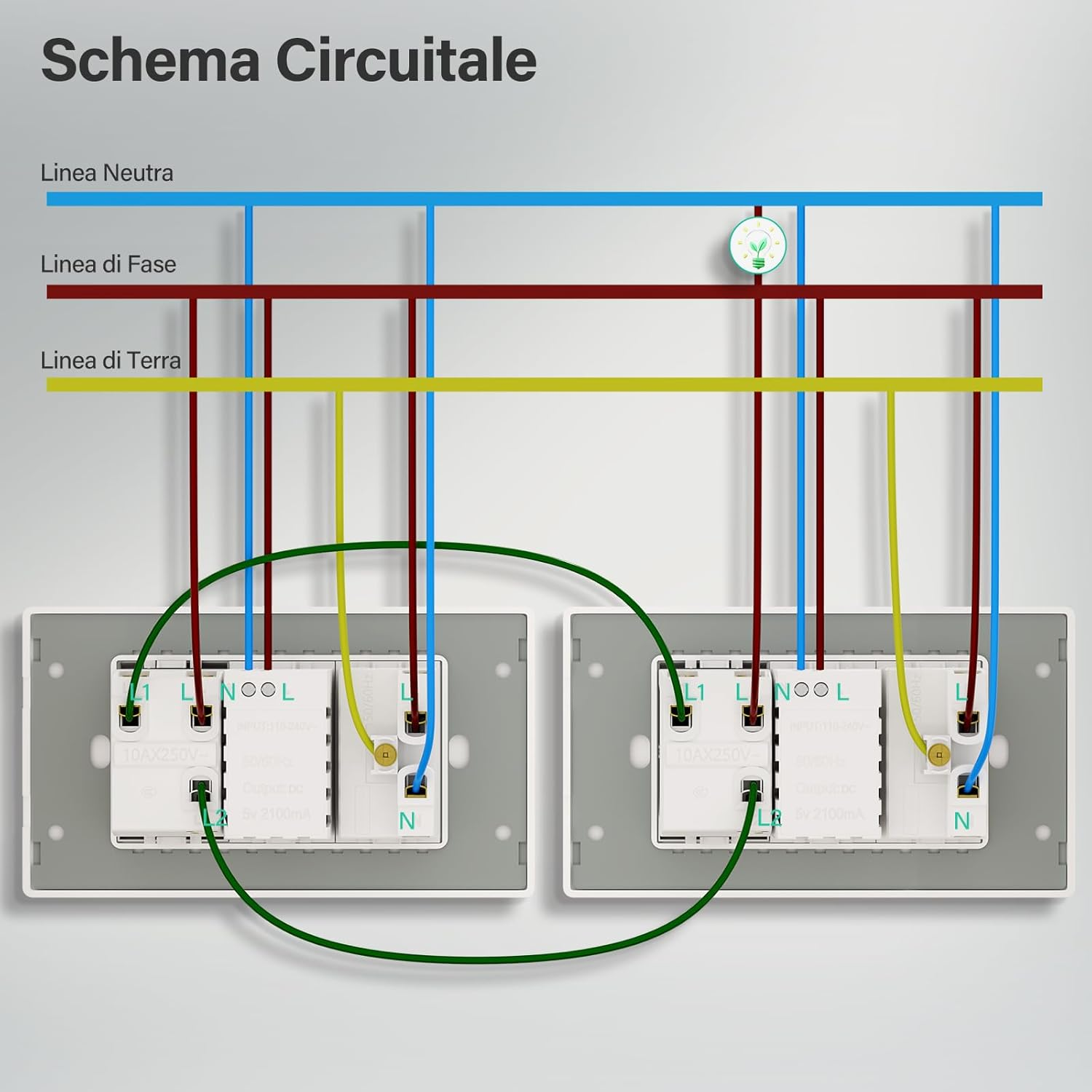 Schema elettrico con fili blu, rossi e gialli collegati a due prese.