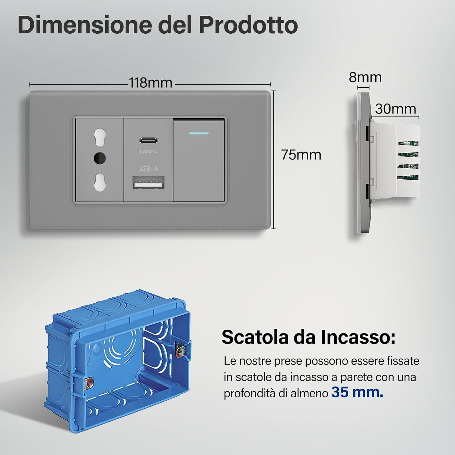 Presa grigia con porte USB-A/C e interruttore, dimensioni 118x75mm.