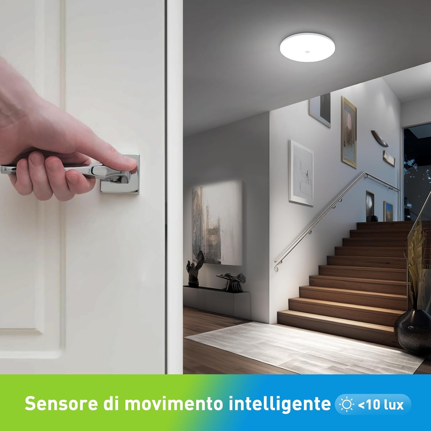 Un uomo apre una porta su un corridoio con scale e luce a soffitto.