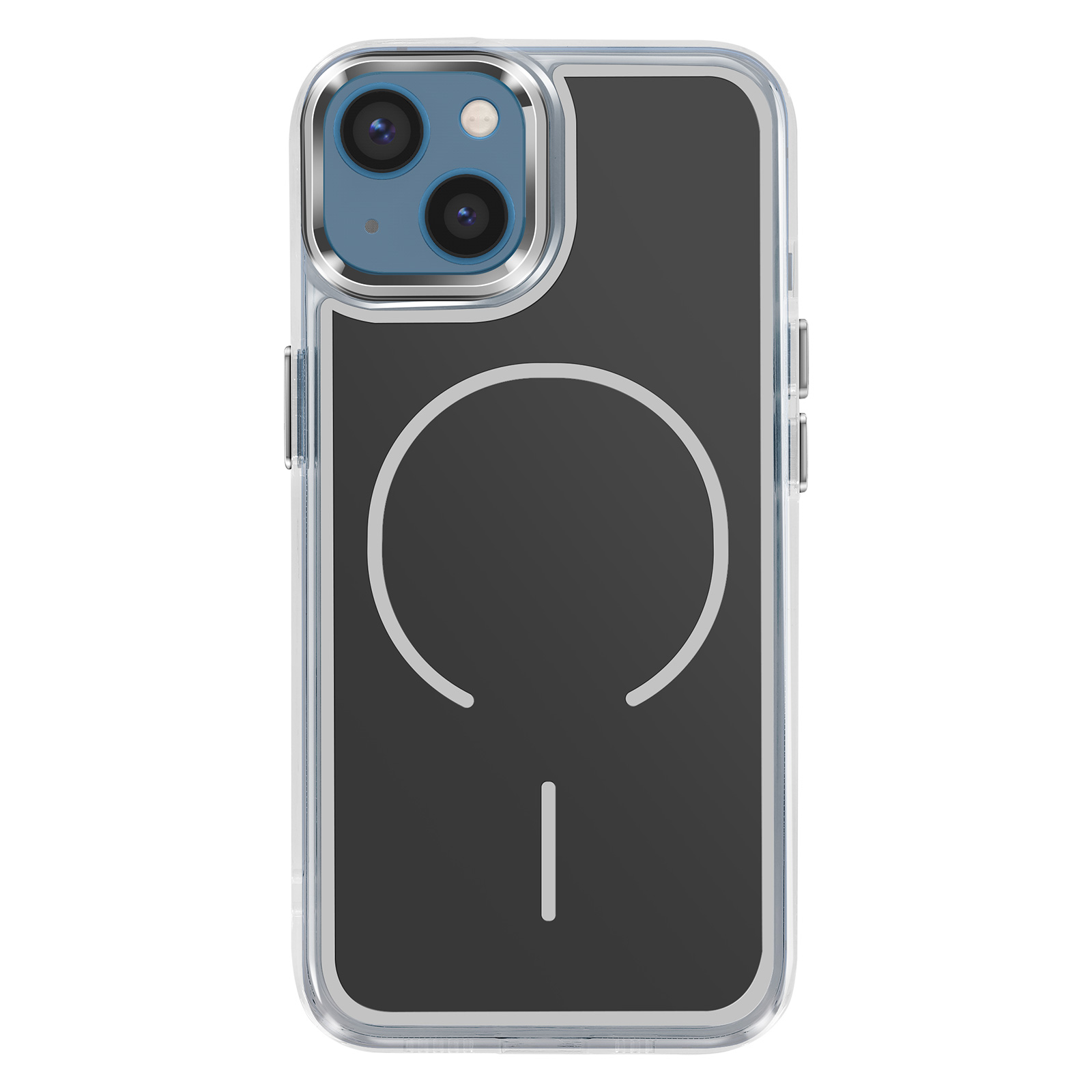 Una cover trasparente per telefono con retro nero e due fotocamere.