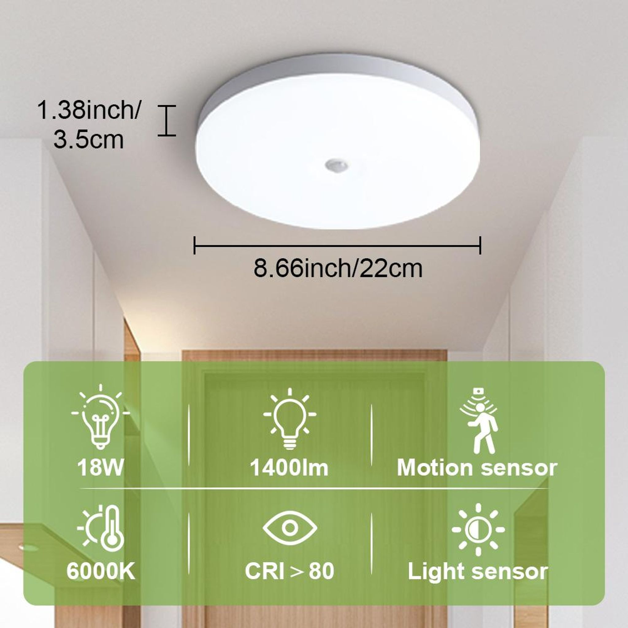 Luce da soffitto rotonda bianca con dimensioni e funzioni.