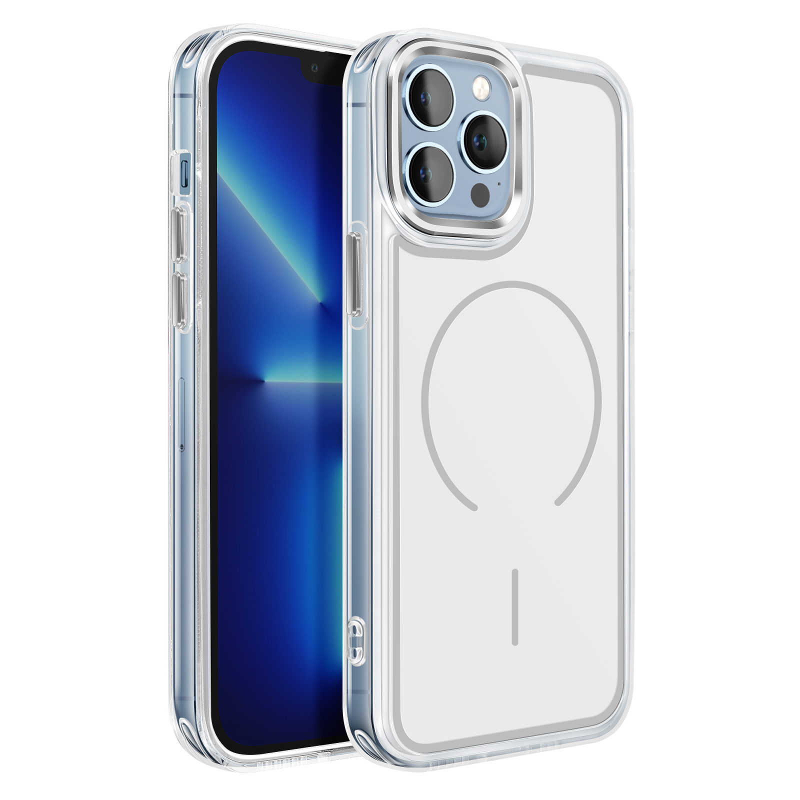 Een doorzichtige telefoonhoes met een blauw scherm en drie cameralenzen.
