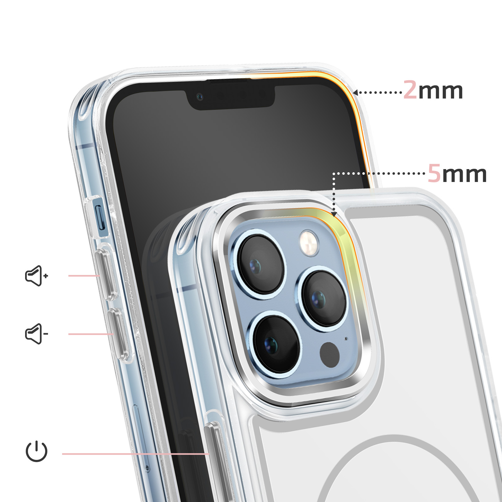 Transparante telefoonhoes met camera en knoppen. 2mm en 5mm dikte aangegeven.
