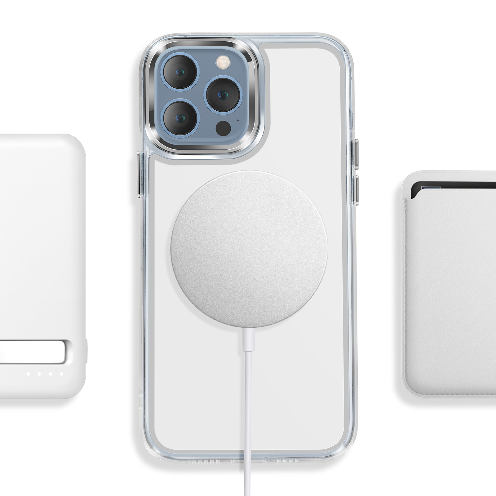 Een witte powerbank, een doorzichtige telefoonhoes met camera's en een witte portemonnee.