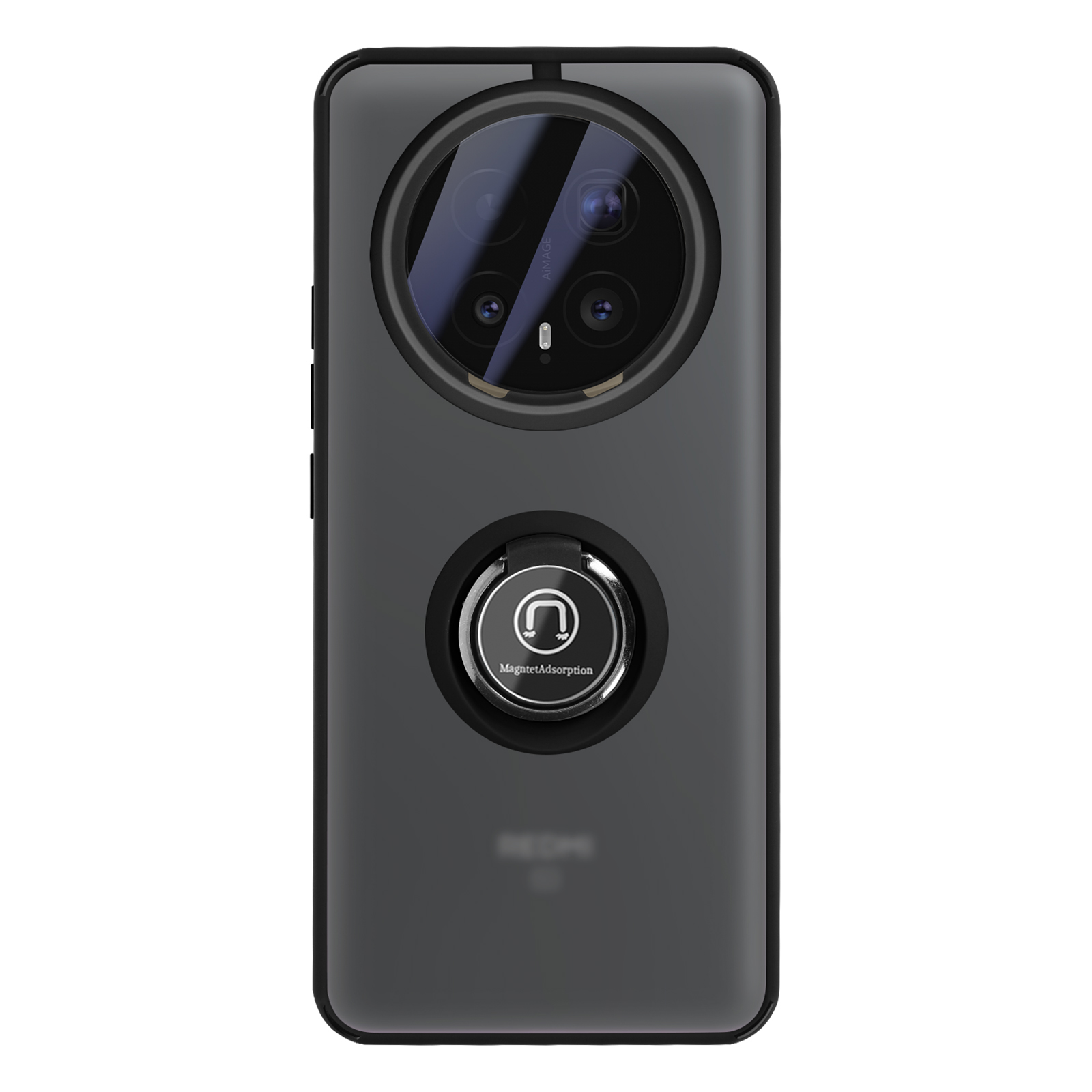 Donkergrijs telefoonhoesje met ronde cameramodule en ringhouder.