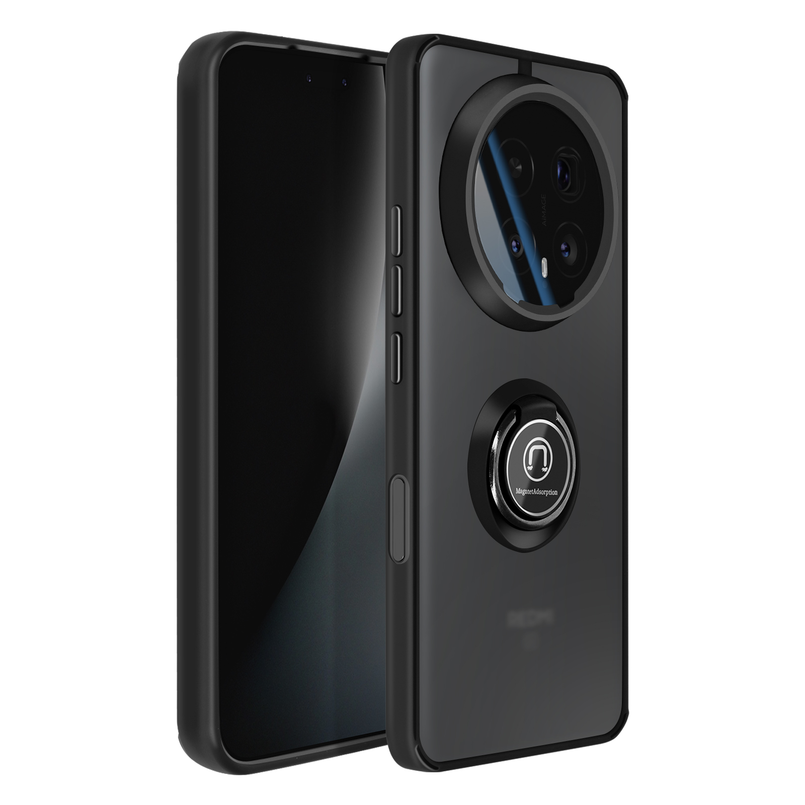 Zwarte smartphone met ringhouder en camera-array aan de achterkant.