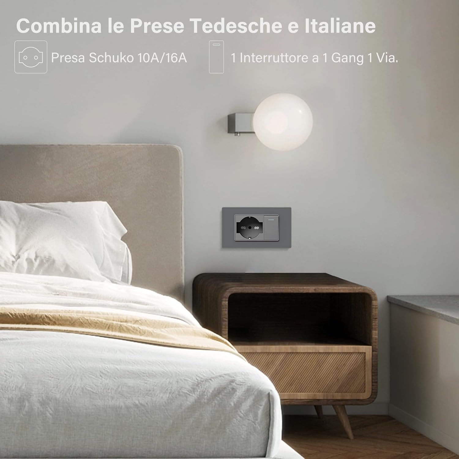 Una camera da letto moderna con letto, comodino e presa a muro.