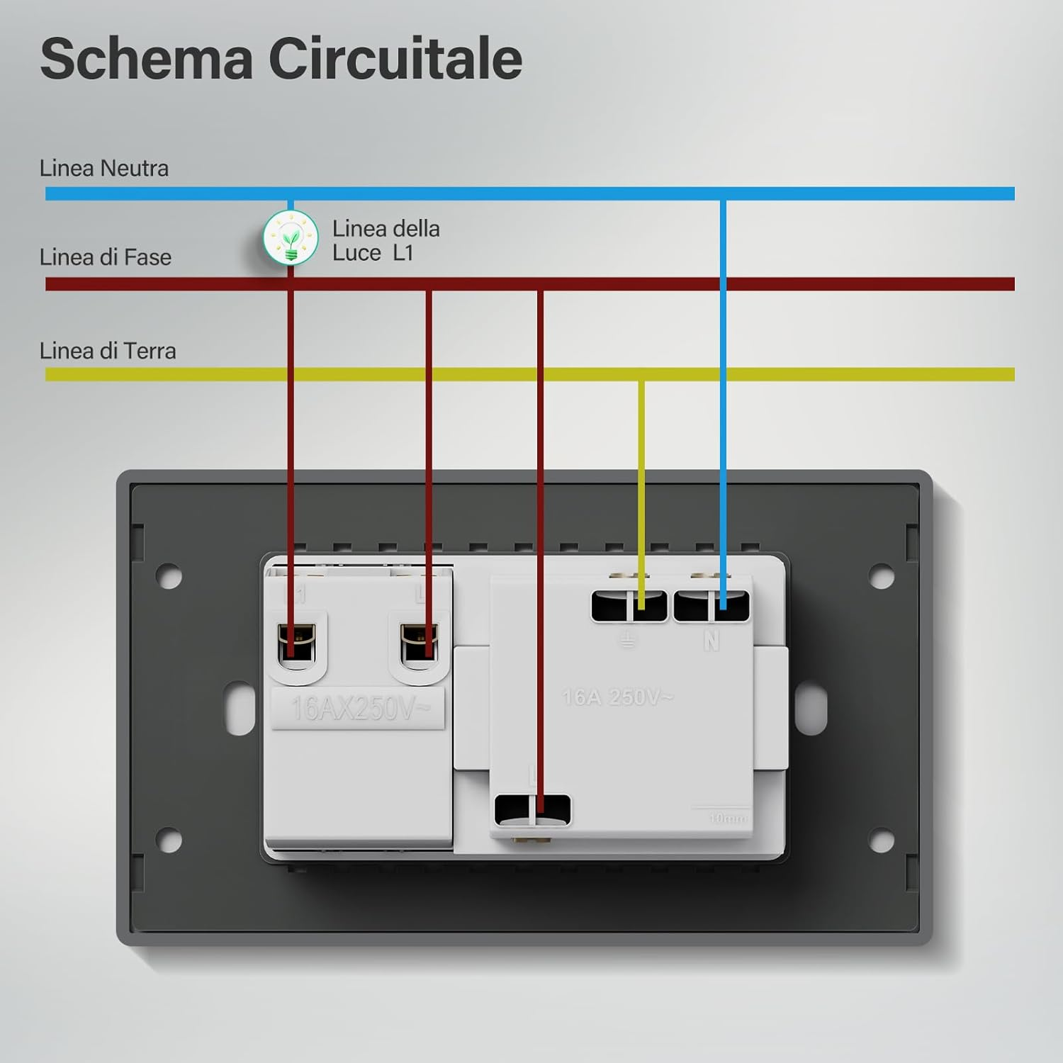 Schema circuitale con cavi neutro, fase e terra collegati a un interruttore.