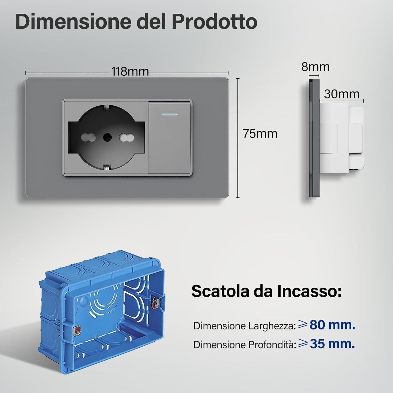 Cornice grigia per interruttore con presa e dimensioni. Scatola da incasso blu accanto.