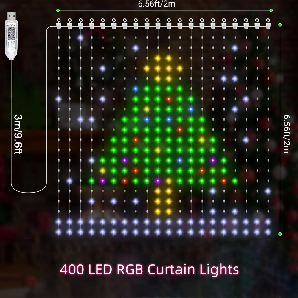Una tenda luminosa da 400 LED a forma di albero di Natale, illuminata in verde, giallo, rosso e viola.