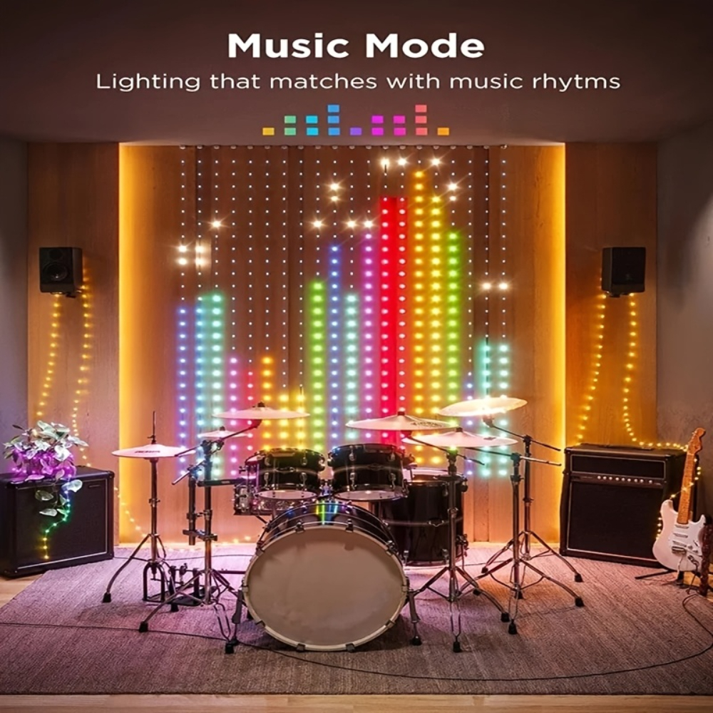 Batteria e chitarra con equalizzatore luminoso sullo sfondo.