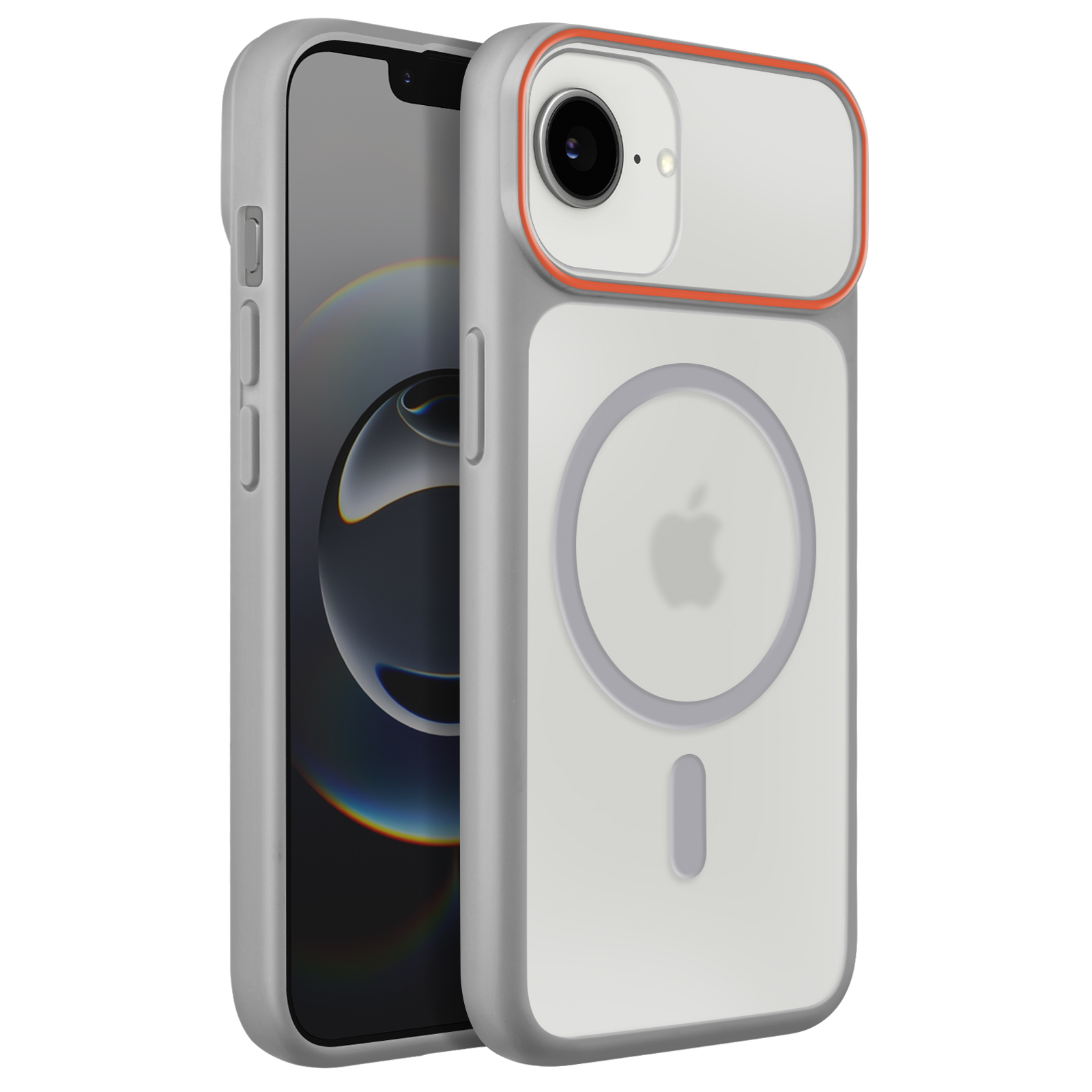 Un iPhone grigio con custodia di ricarica MagSafe, bordo arancione attorno alla fotocamera.
