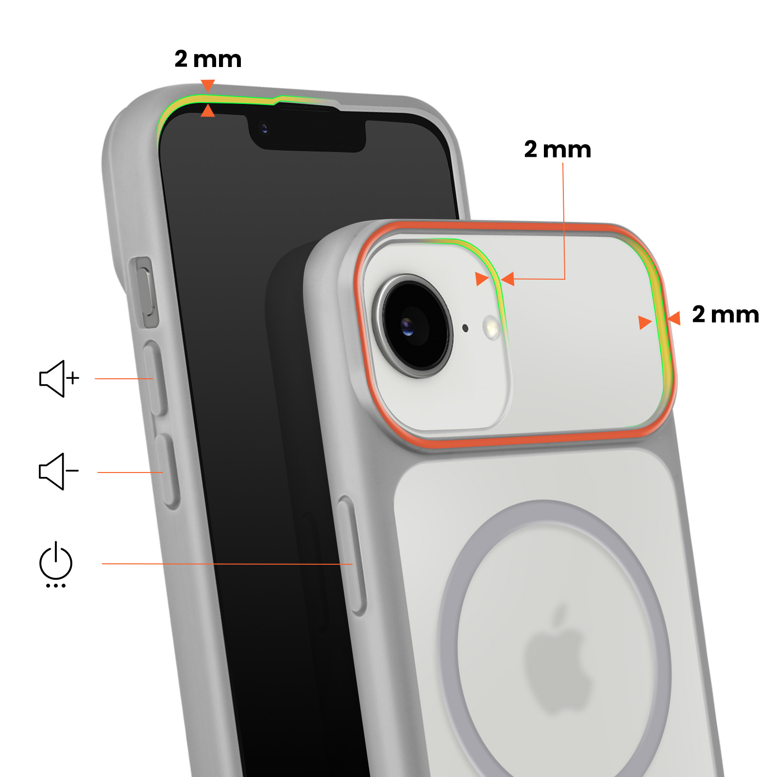 Telefono bianco in custodia trasparente, con bordi rialzati 2 mm.