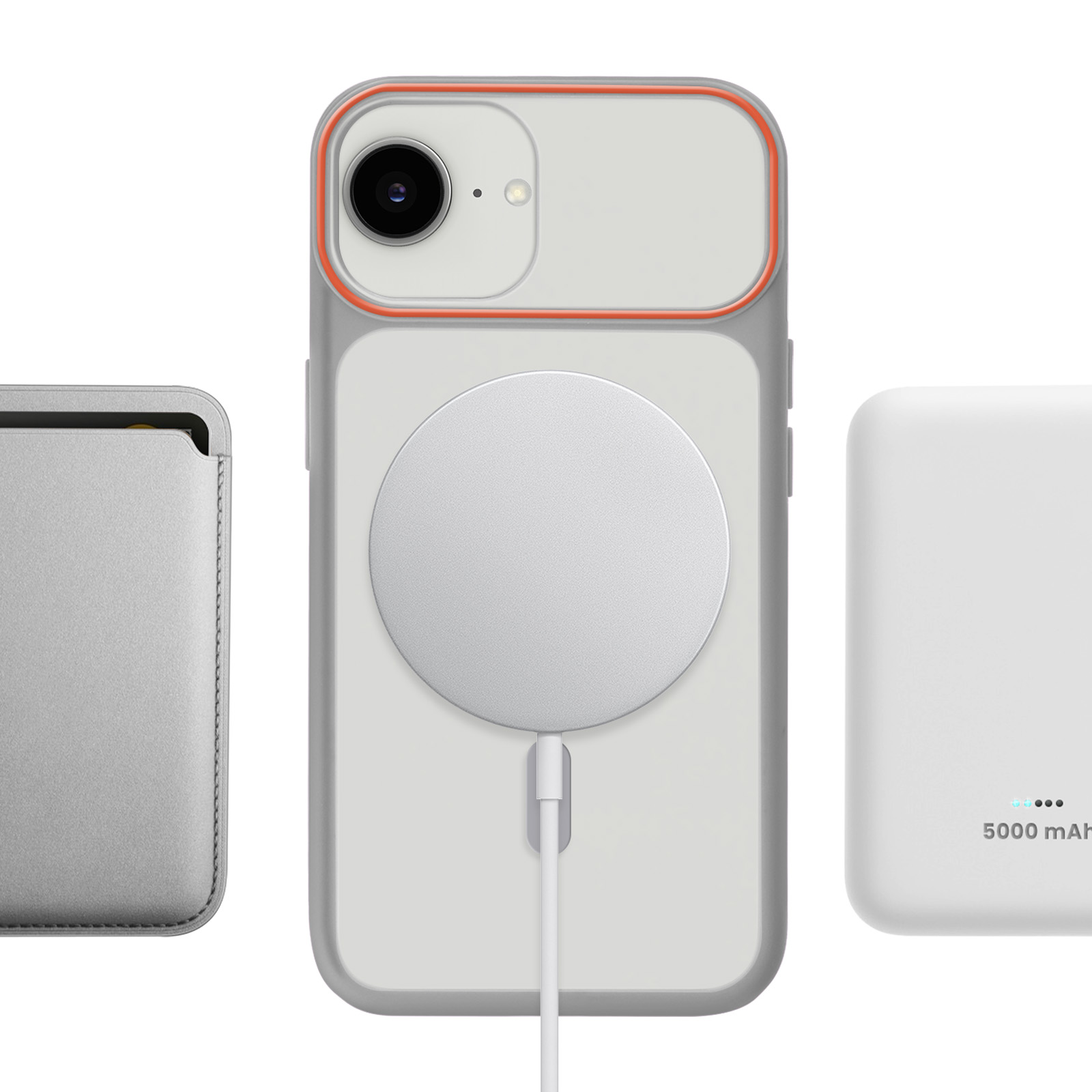 Un iPhone con custodia, caricabatterie MagSafe e power bank.