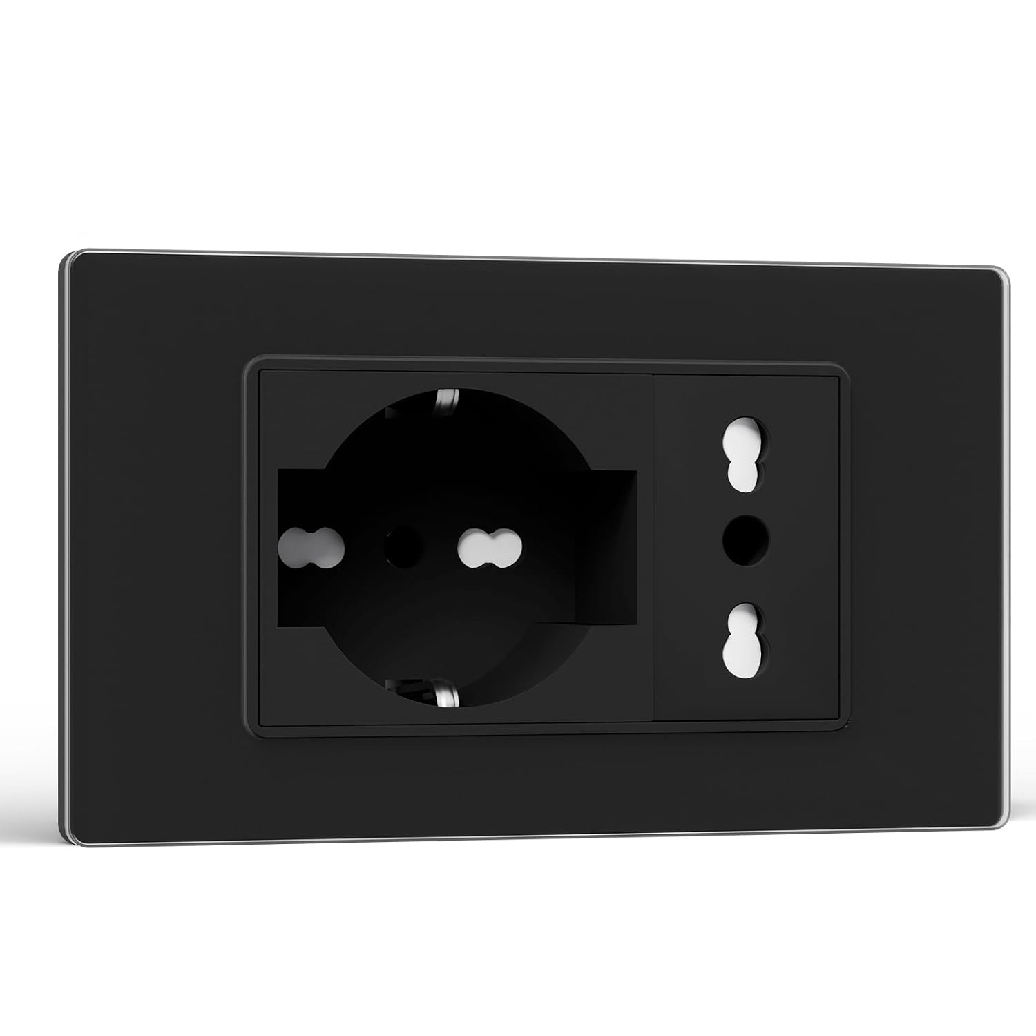 Una presa elettrica nera a due aperture, con finitura argentata sul davanti.
