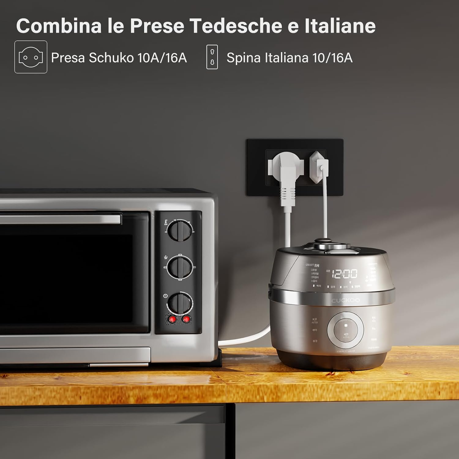 Una piccola pentola a pressione argentata con display accanto a un forno a microonde.