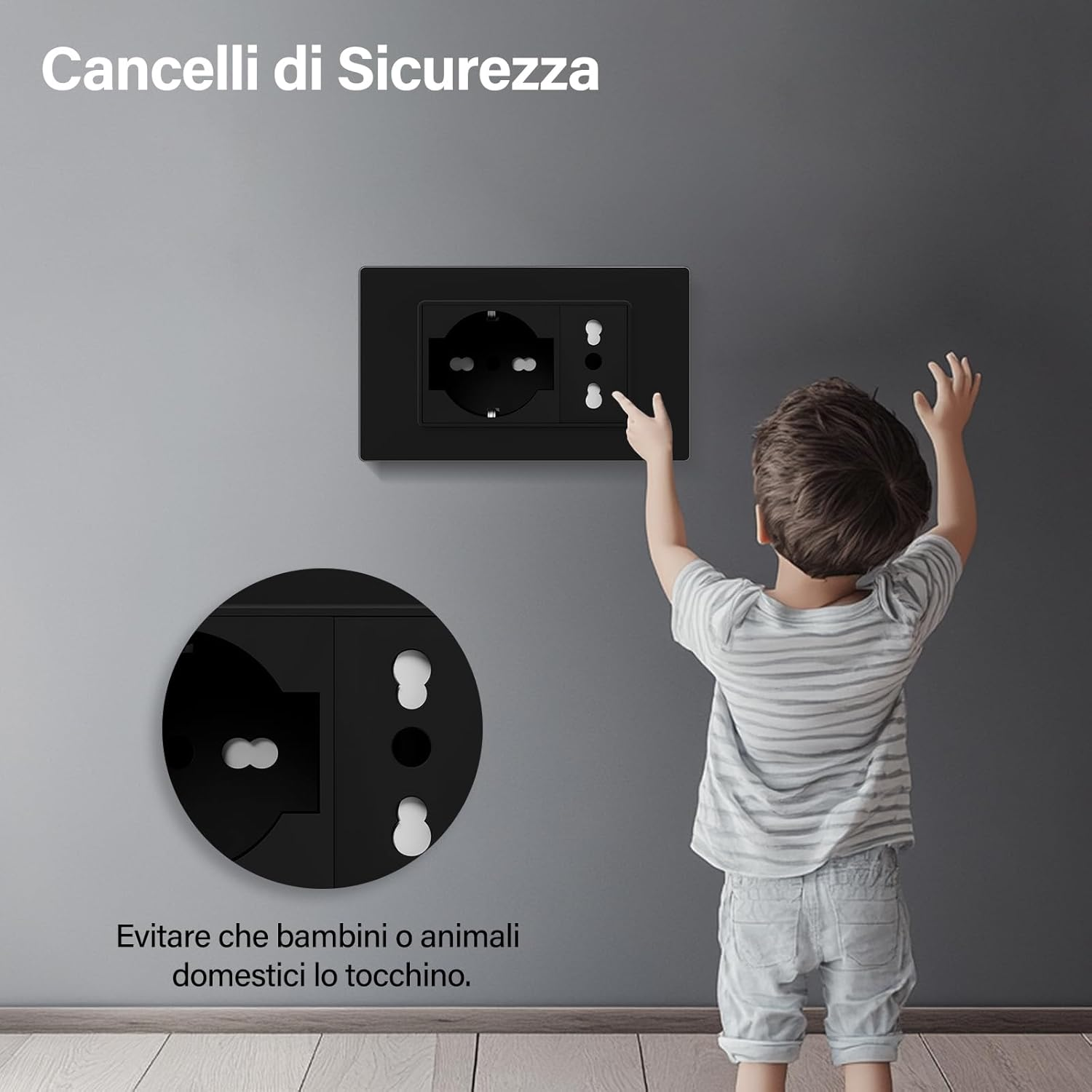 Un bambino davanti a una presa elettrica e a una copertura di sicurezza rotonda.