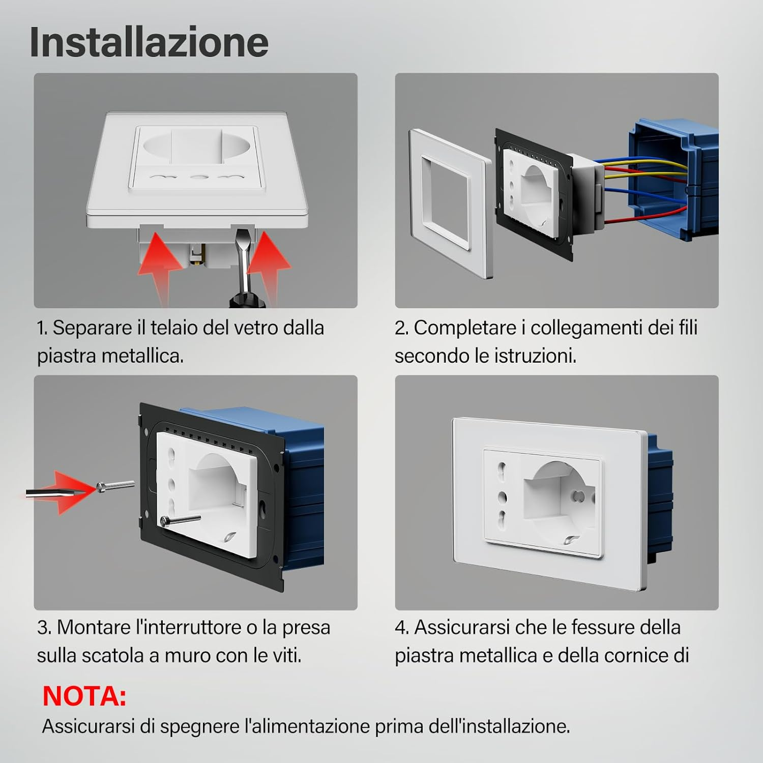 Guida all'installazione di una presa, mostra quattro passaggi.