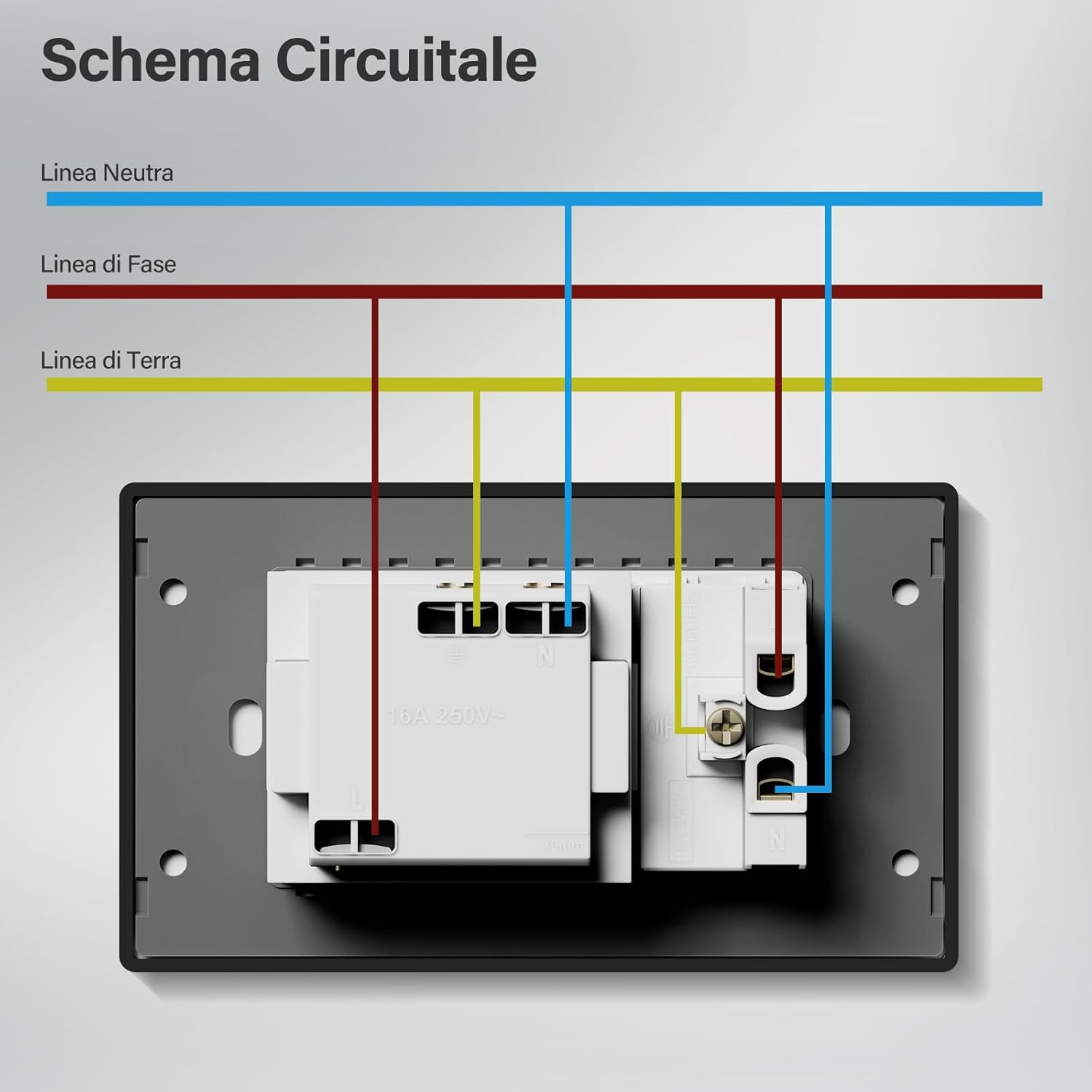 Schema elettrico: Linee blu, rosse e gialle sopra un interruttore elettrico.