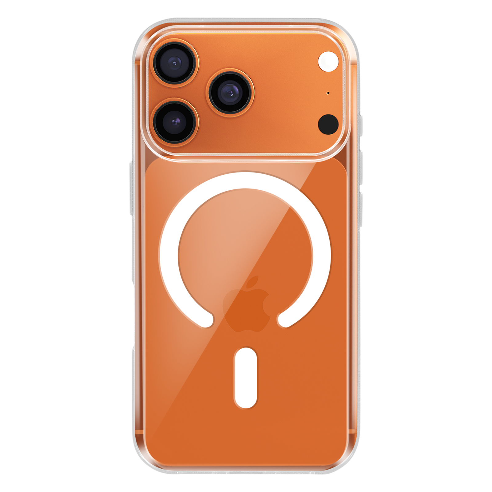 Custodia iPhone arancione con tre obiettivi e anello magnetico bianco.