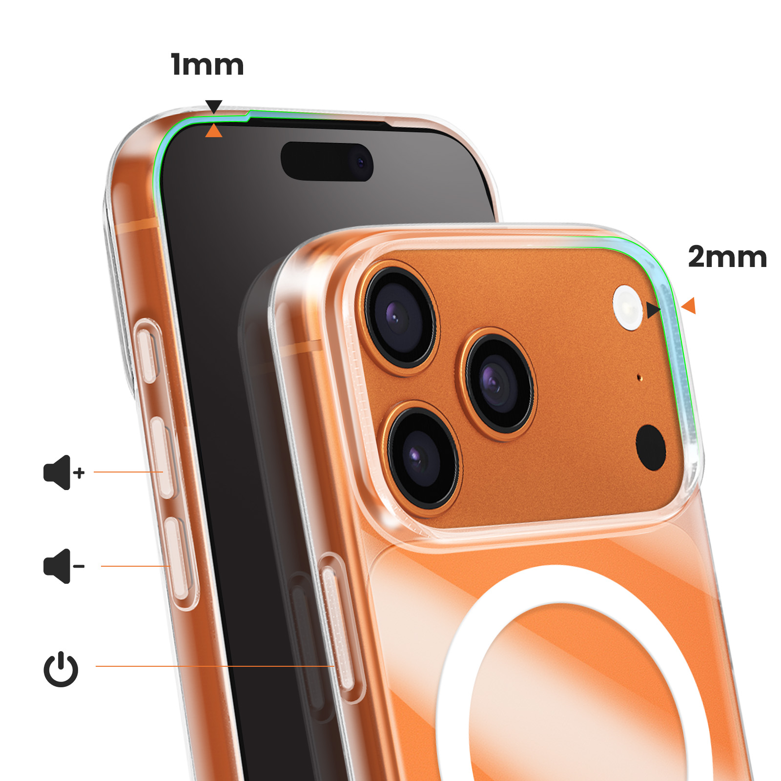 Custodia trasparente con accento arancione. Dimensioni 1mm e 2mm. Tasti volume e accensione.