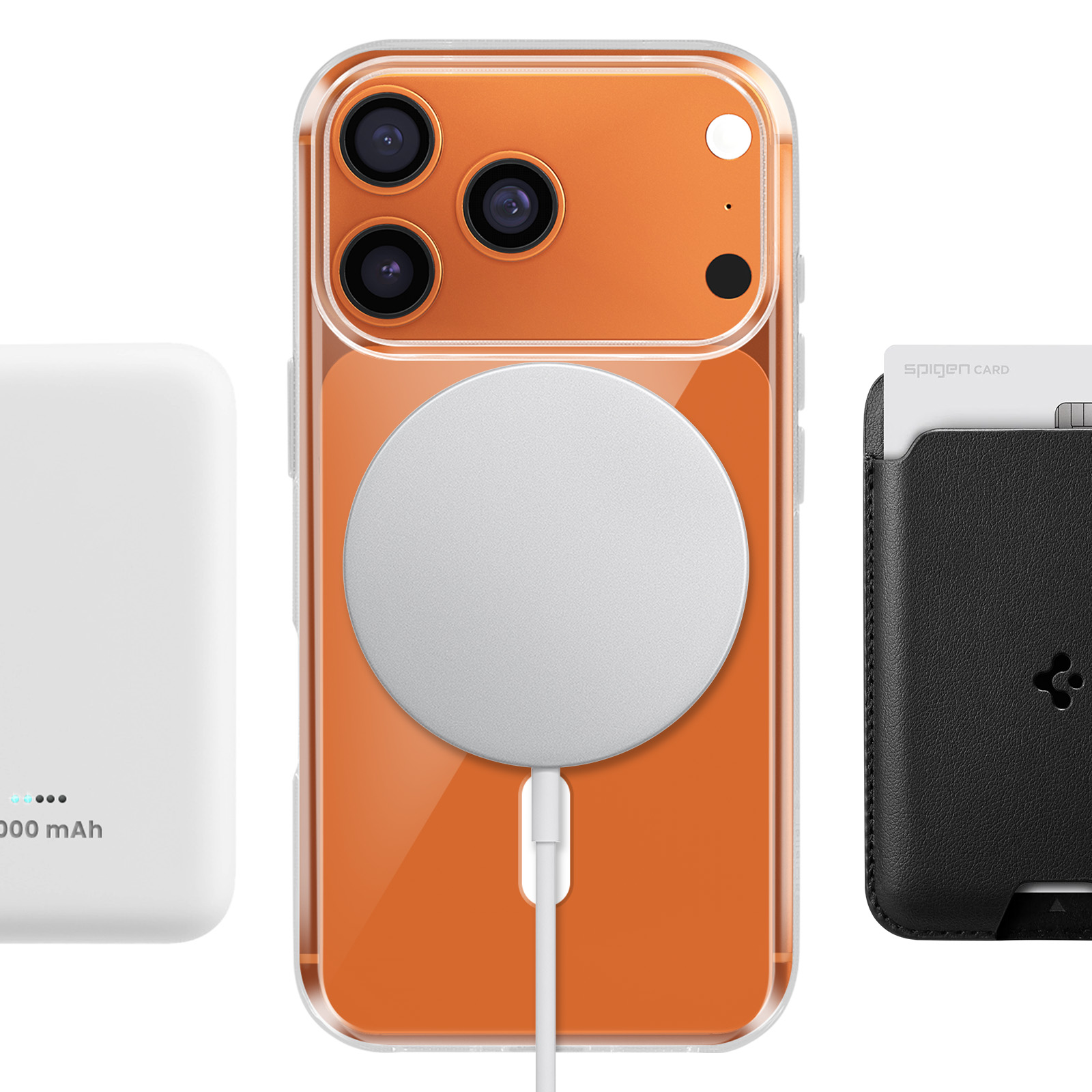 iPhone arancione con caricatore MagSafe, power bank e porta carte nero.
