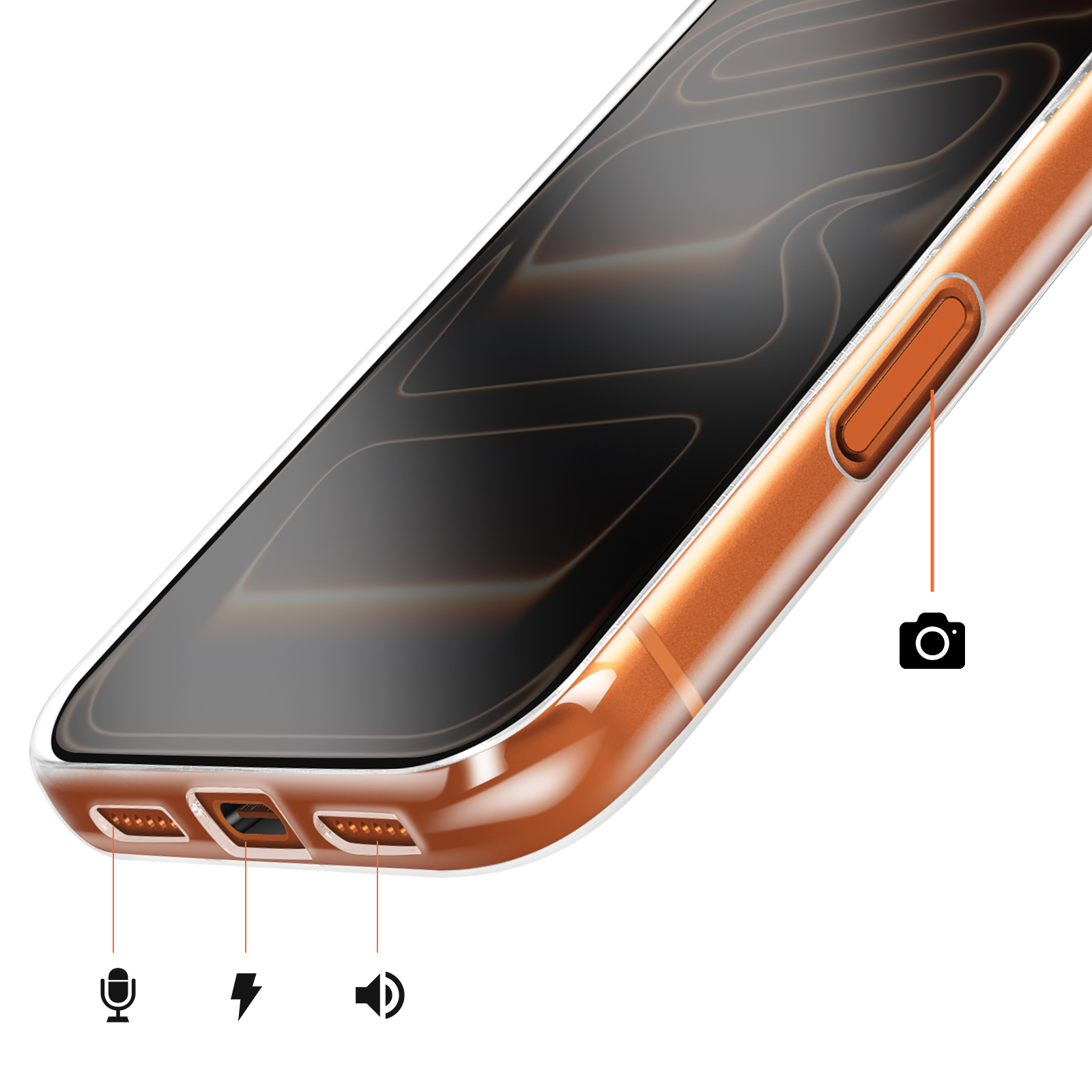 Telefono arancione con schermo nero e icone per fotocamera, microfono, fulmine e altoparlante.