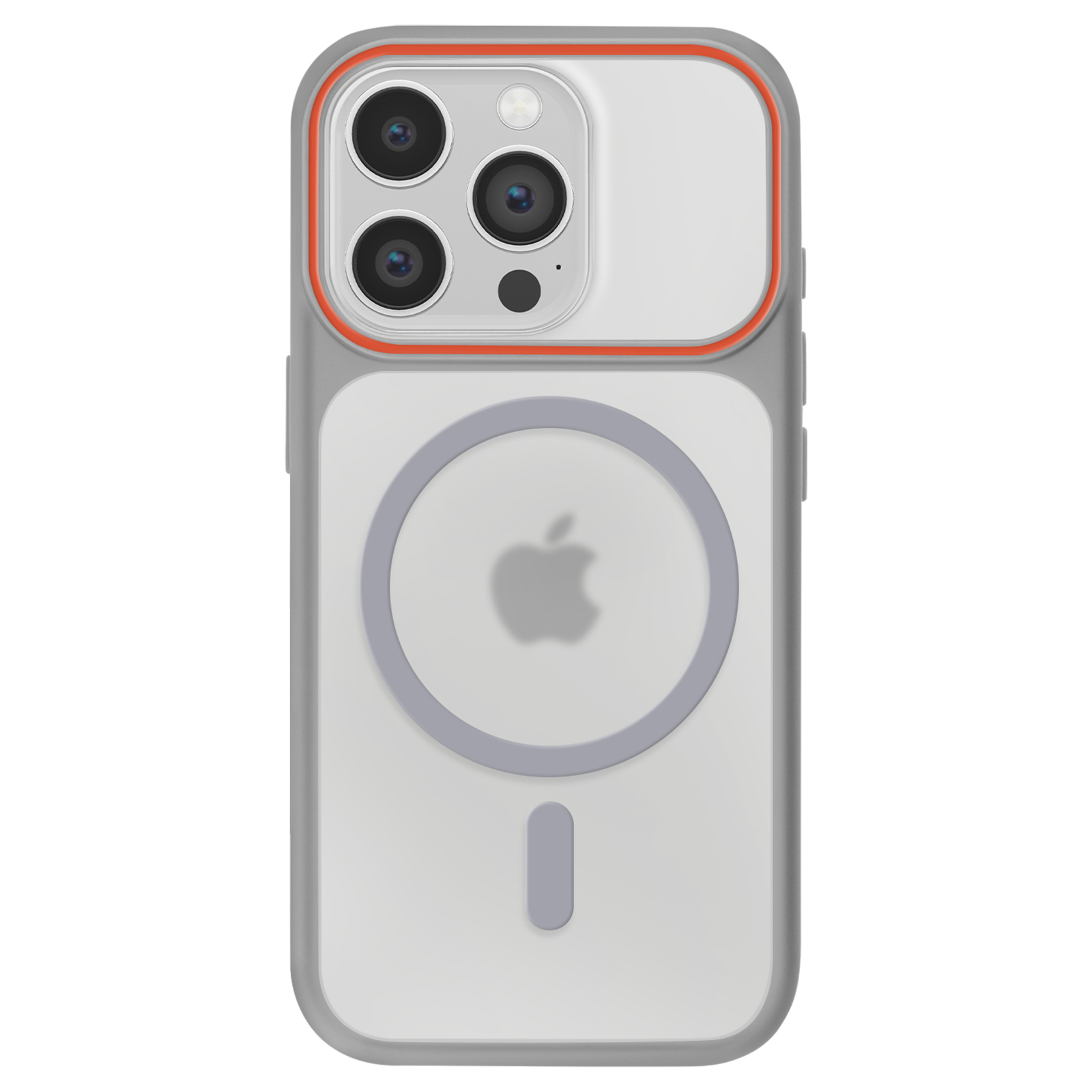 Coque grise pour iPhone avec dos transparent, appareil photo et bordure orange.