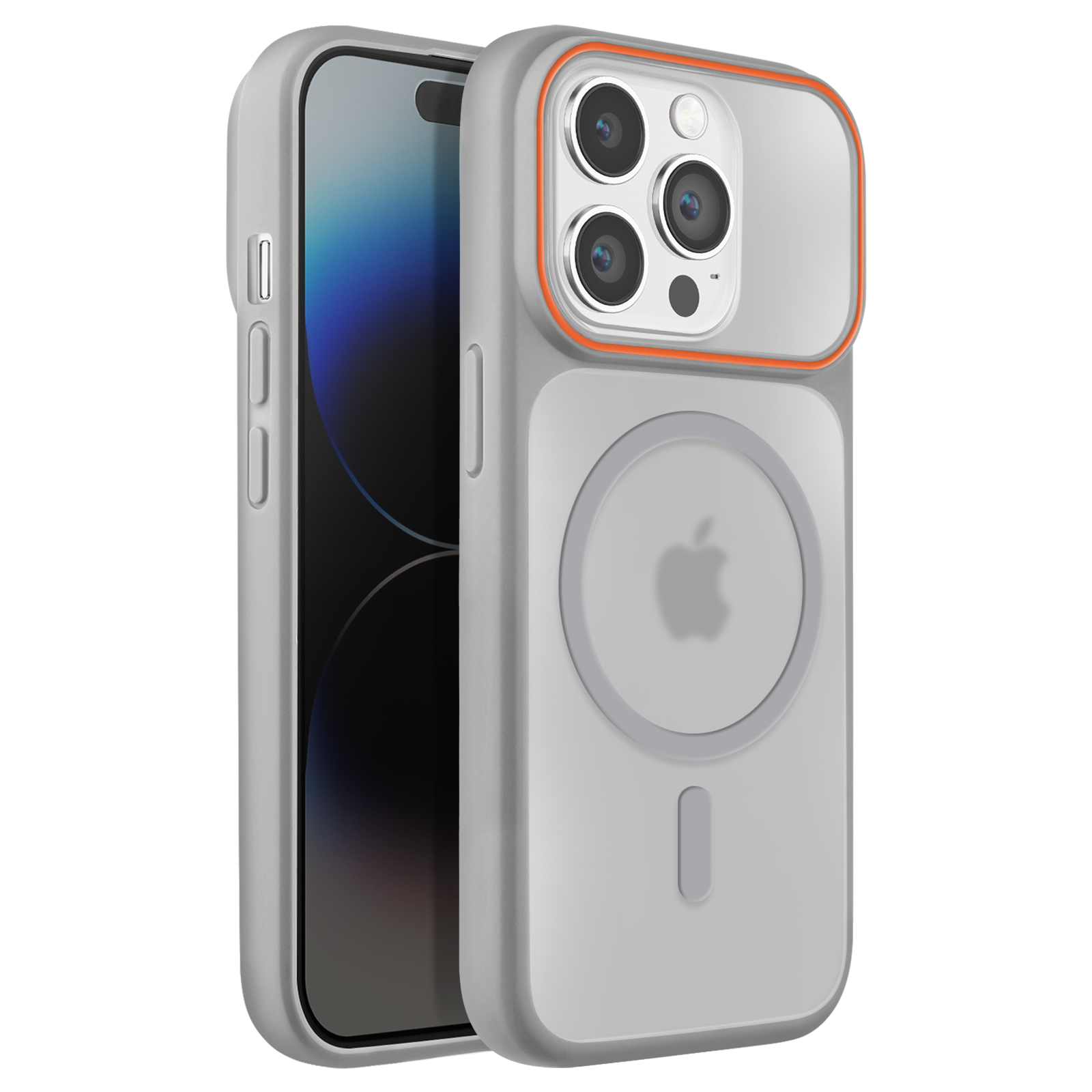Un iPhone gris avec un étui transparent bordé d'orange autour de l'appareil photo.