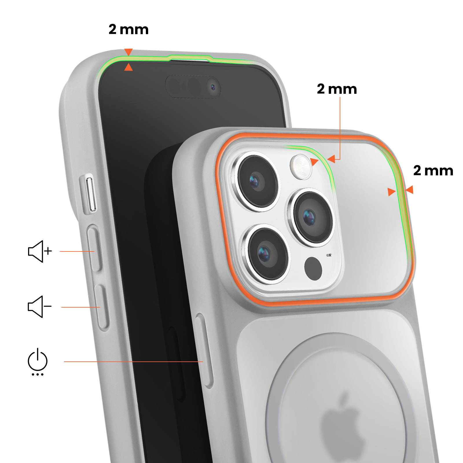 Coque grise pour iPhone avec bord de protection de 2 mm et zone caméra.