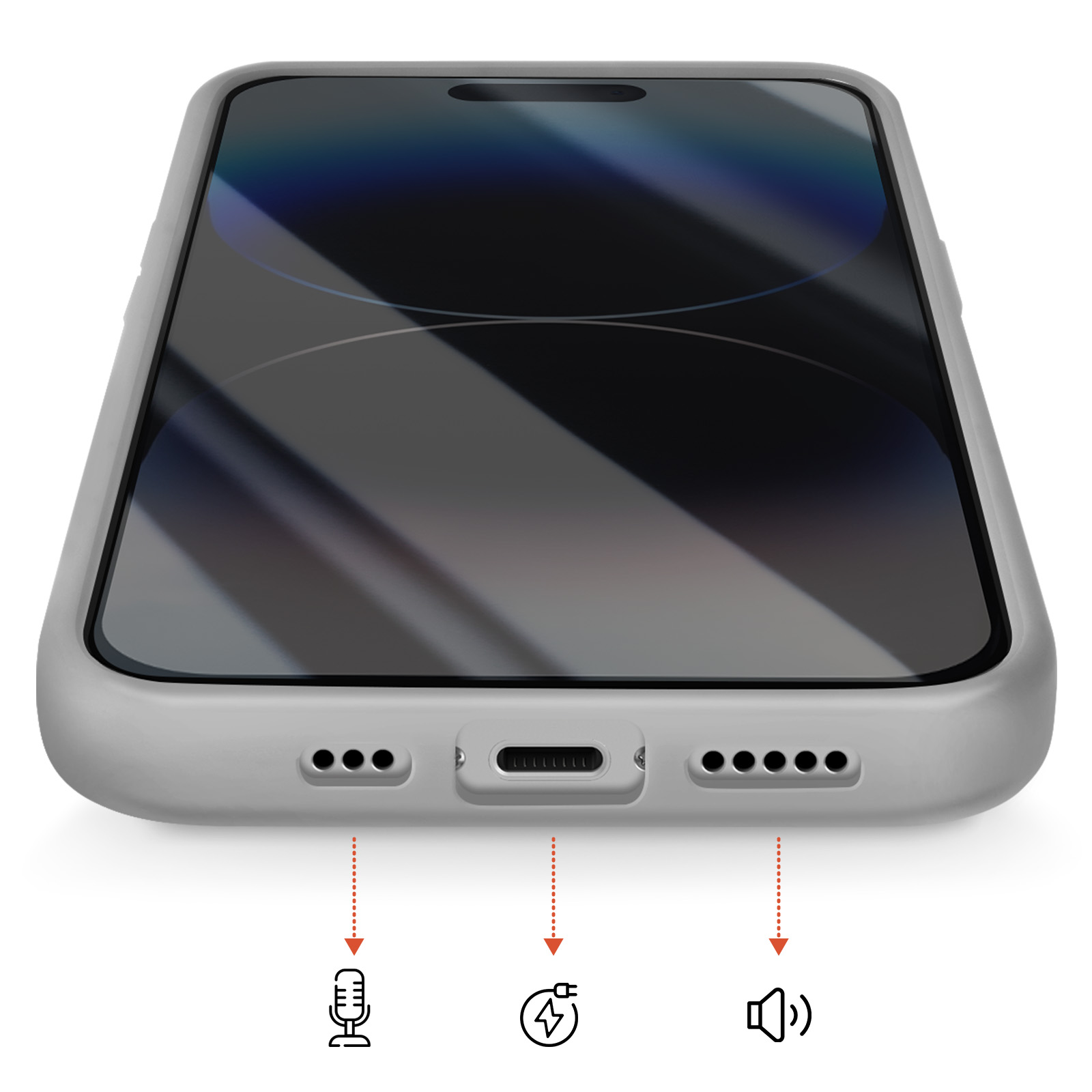 Coque de téléphone grise, vue du bas : micro, port de charge, trous haut-parleur.